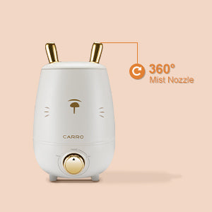 An ultrasonic humidifier designed with rabbit Ear Spray has a lid that rotates 360 degrees to allow moisture to diffuse