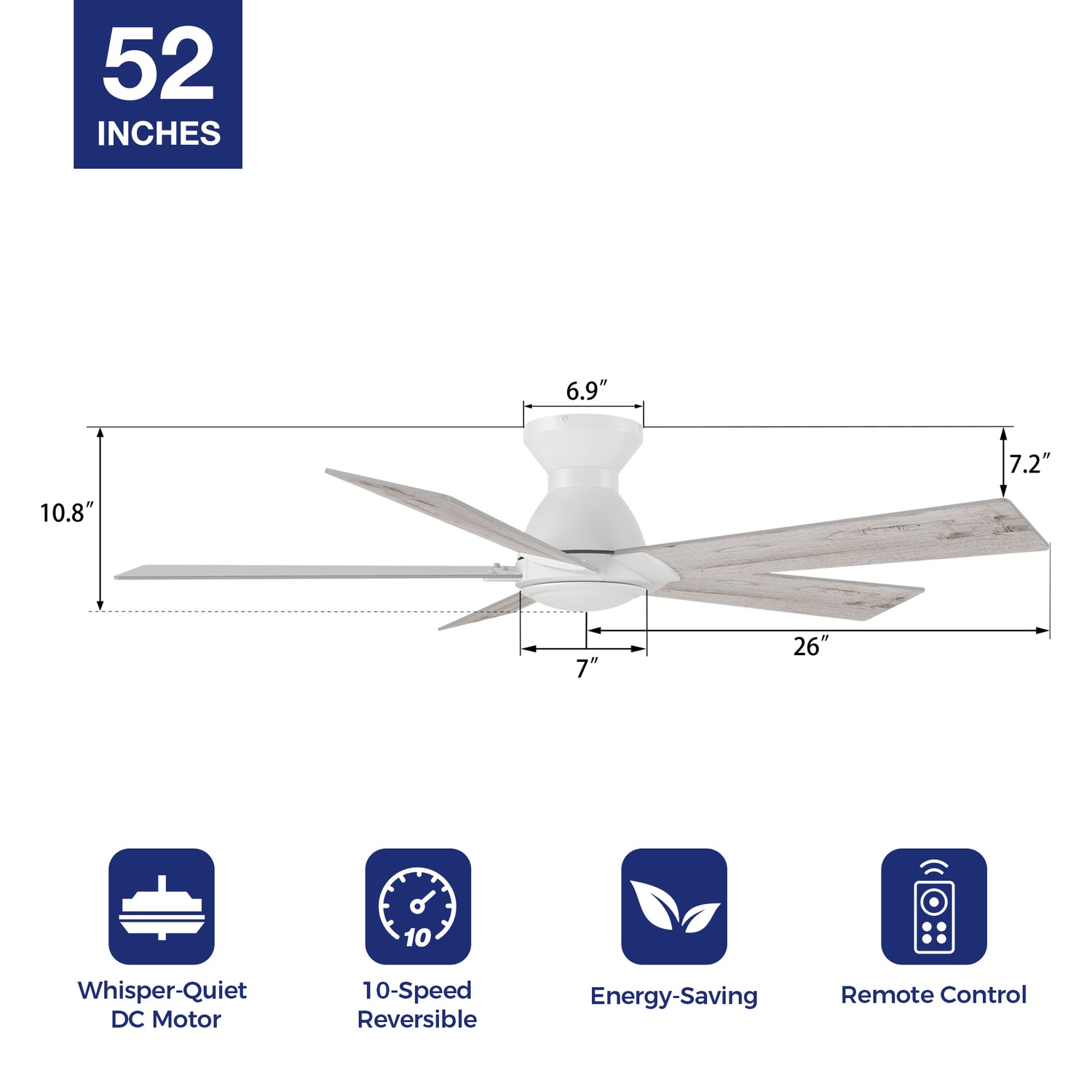 vetric-52-inch-flush mounting ceiling-fan-with-remote-contorl-specification 