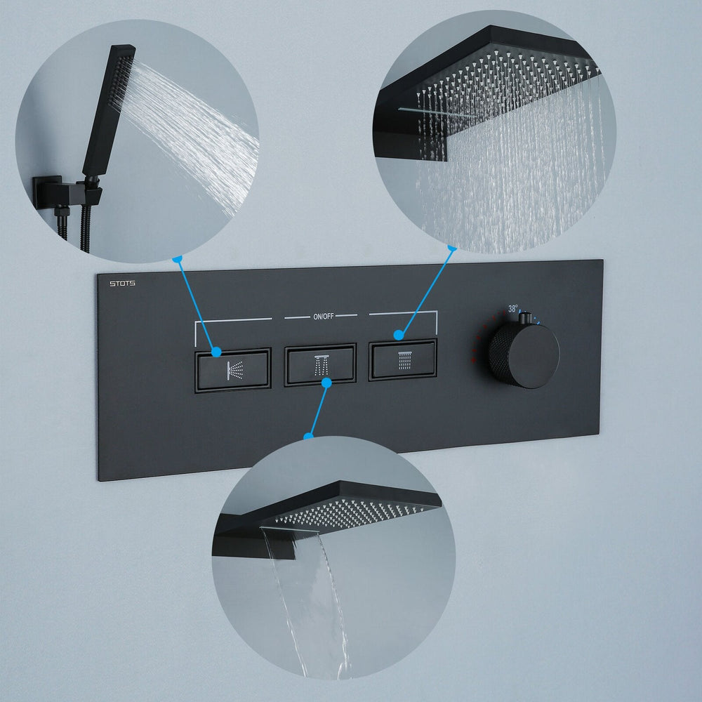 Foni Thermostatic Rainfall &amp; Waterfall Combo Shower System in Matte Black