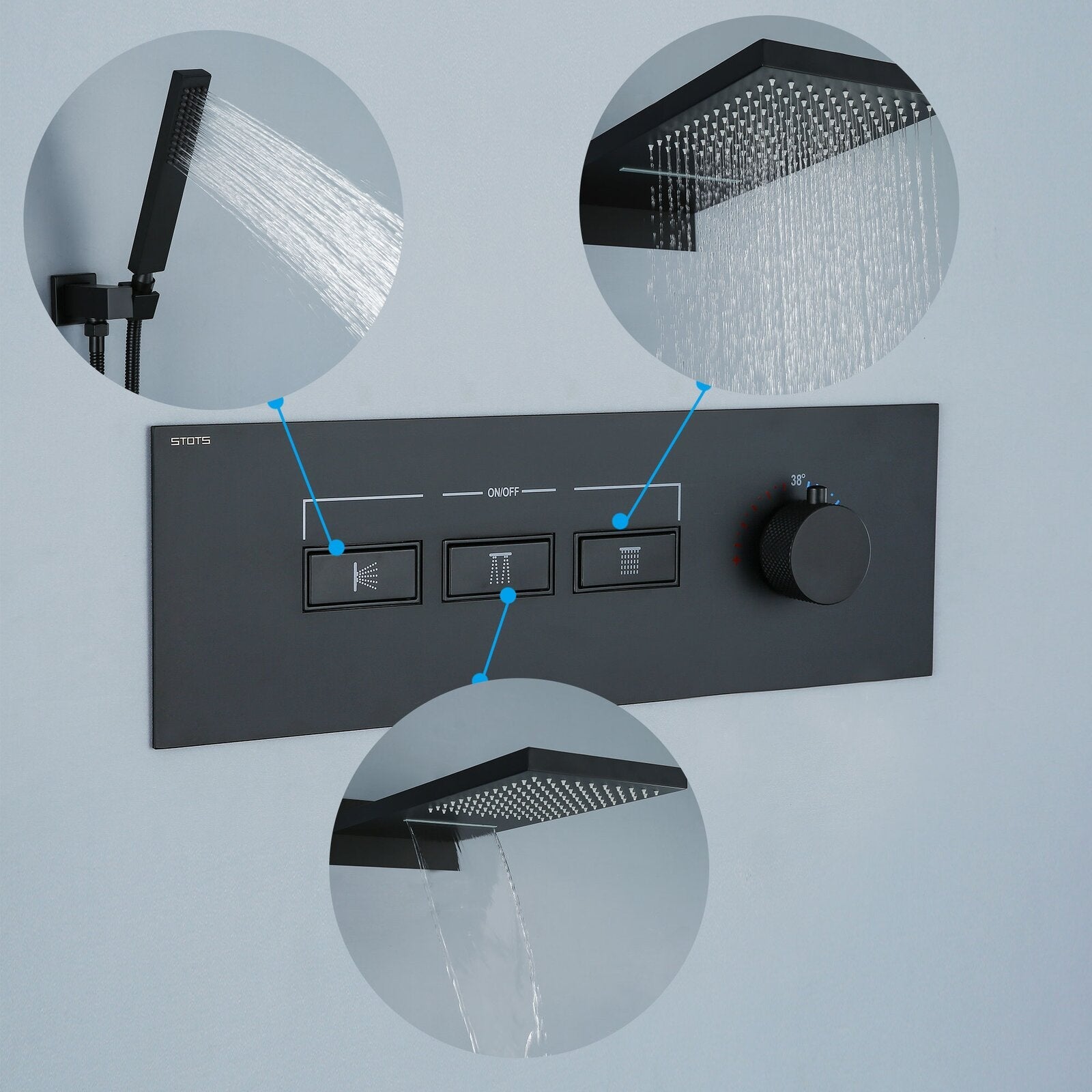 Foni Thermostatic Rainfall &amp; Waterfall Combo Shower System in Matte Black