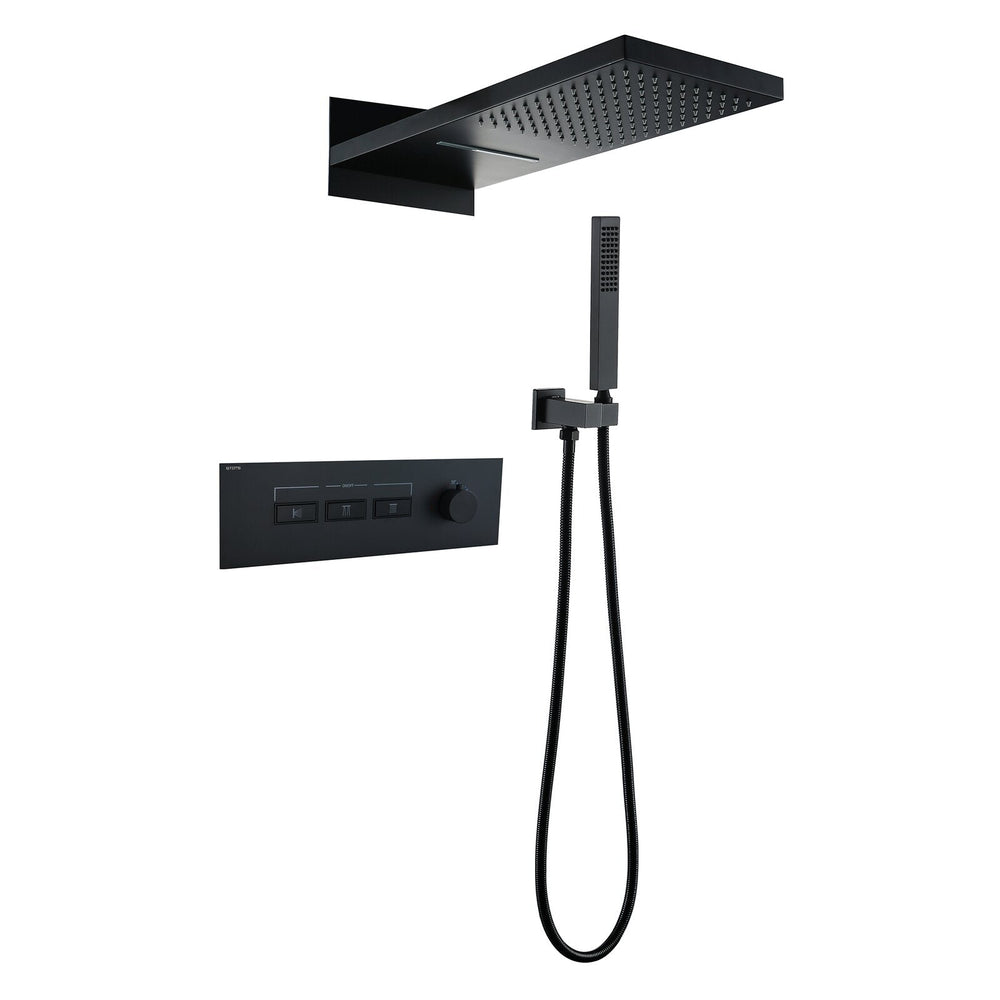 Foni Thermostatic Rainfall &amp; Waterfall Combo Shower System in Matte Black
