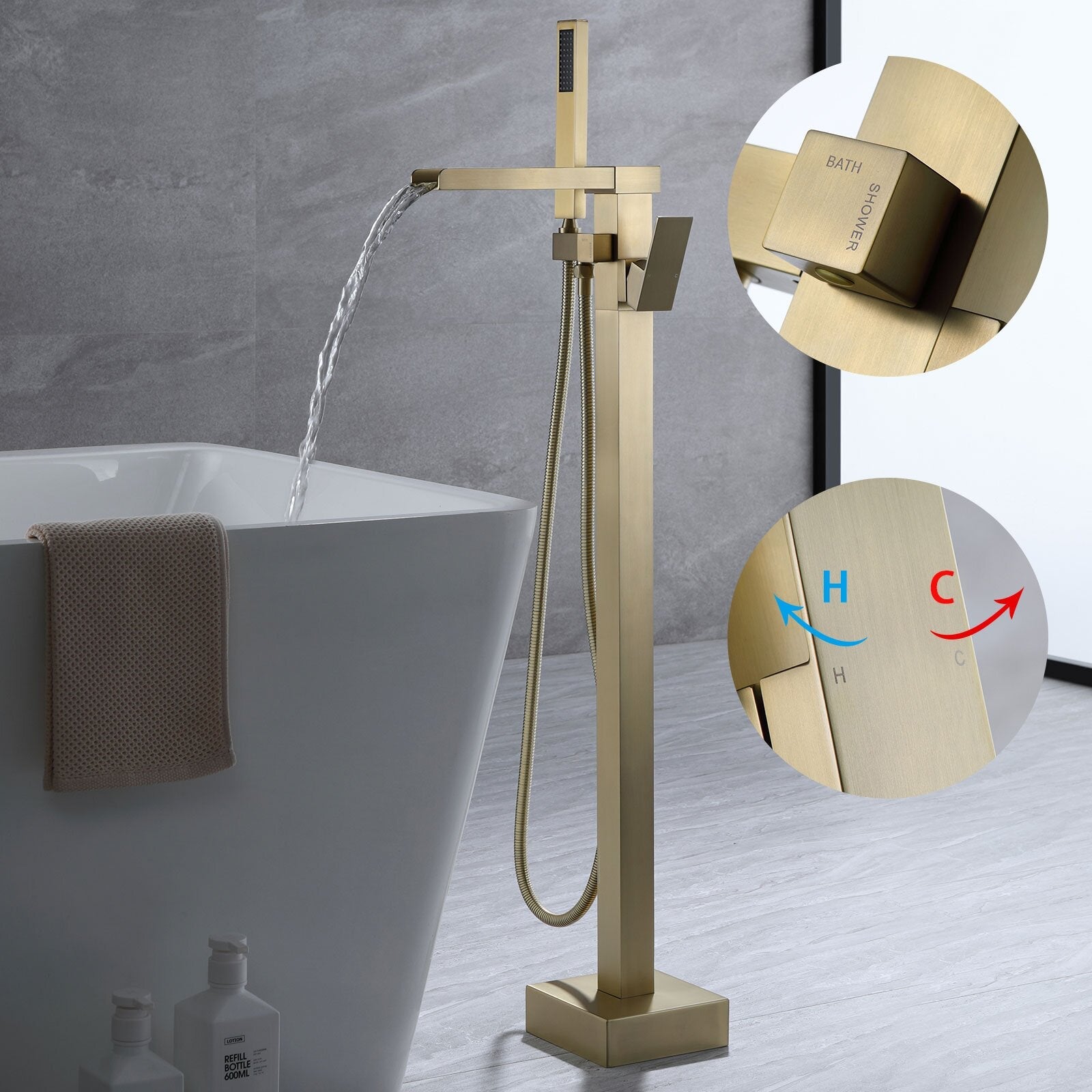 Yonoly Single Handle Freestanding Tub Filler with Handheld in Brush Gold