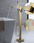 Yonoly Single Handle Freestanding Tub Filler with Handheld in Brush Gold