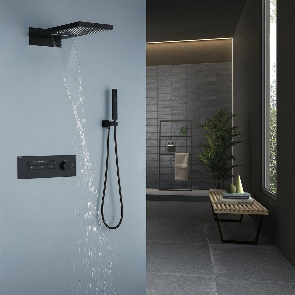 Foni Thermostatic Rainfall &amp; Waterfall Combo Shower System in Matte Black