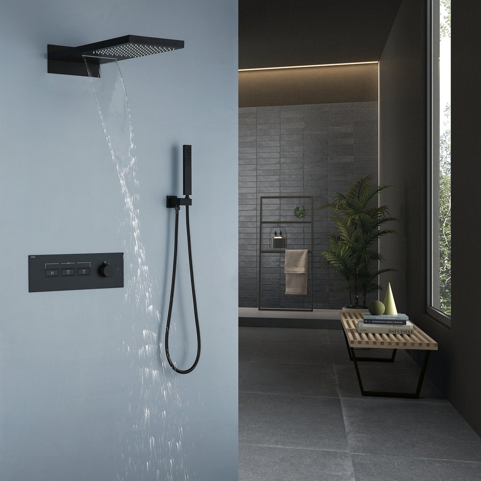 Foni Thermostatic Rainfall &amp; Waterfall Combo Shower System in Matte Black