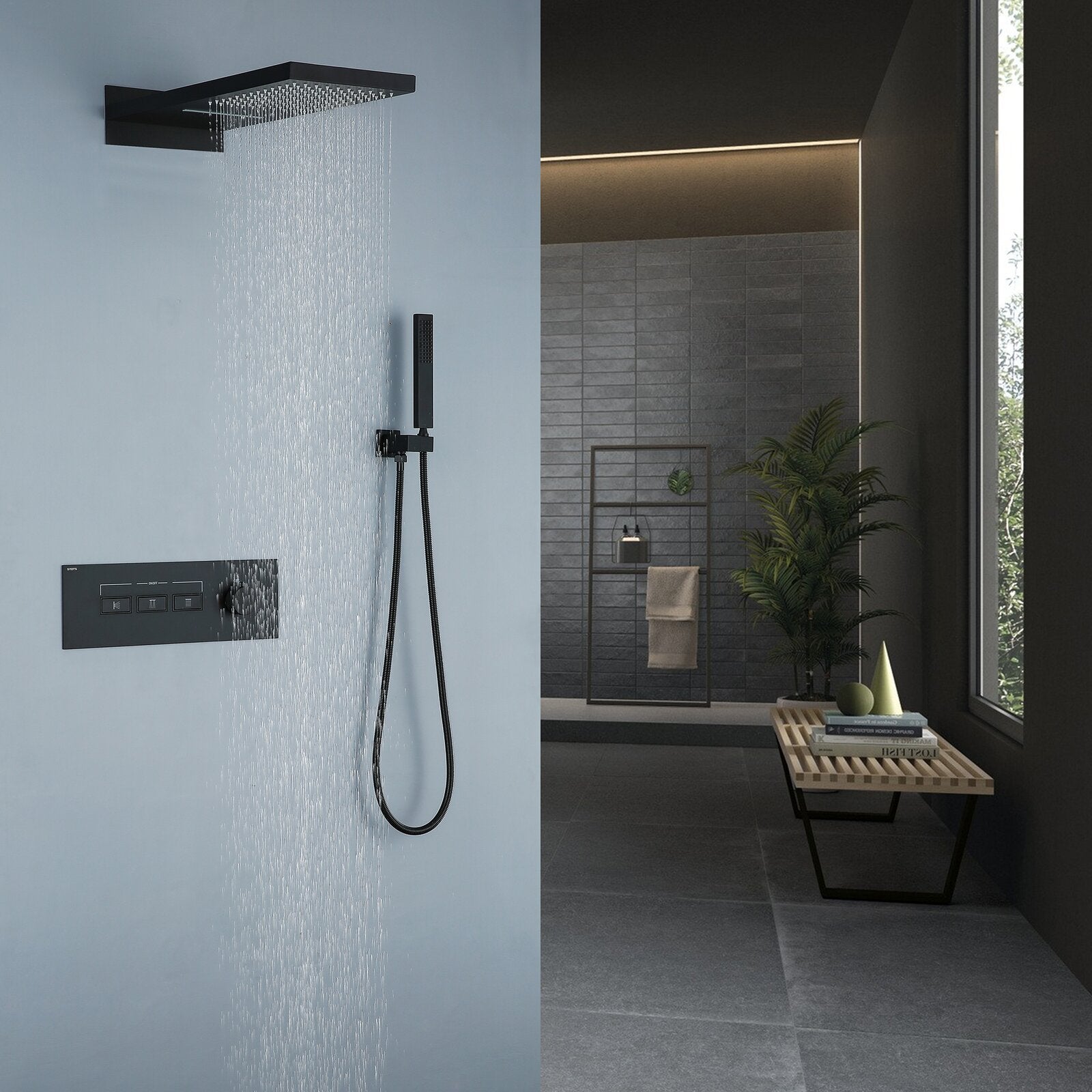 Foni Thermostatic Rainfall &amp; Waterfall Combo Shower System in Matte Black