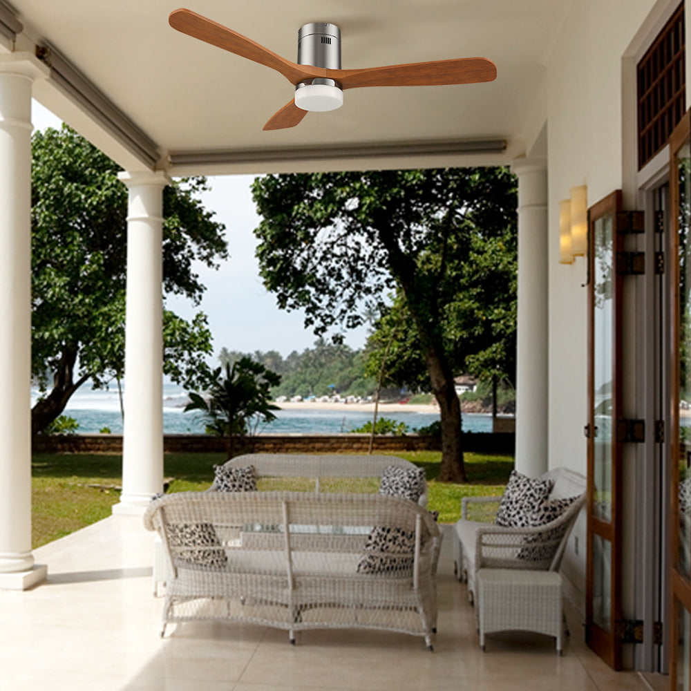 Integrated smart features and remote control, this 52-inch Alfa outdoor ceiling fan with flush mounted is perfect for your outdoor space.  #color_silver
