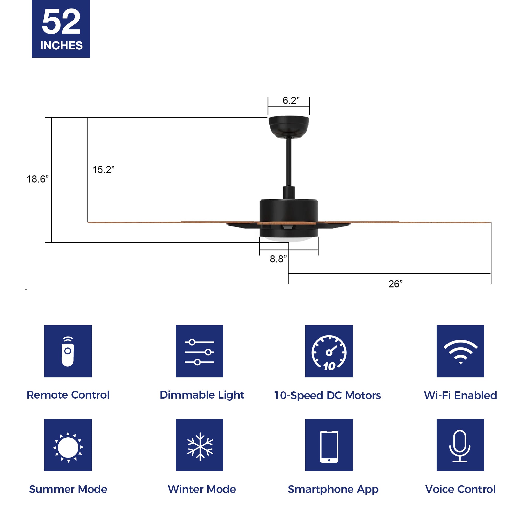 The Smafan Apex 52 inch smart ceiling fan keeps your space cool, bright, and stylish. It is a soft modern masterpiece perfect for your large indoor living spaces. This Wifi smart ceiling fan is a simplicity designing with Black finish, use elegant Plywood blades and has an integrated 4000K LED daylight. #color_dark-wood