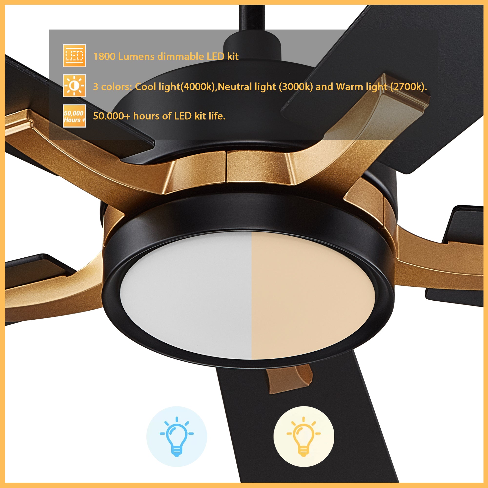 The Smafan Apex 56'' smart ceiling fan keeps your space cool, bright, and stylish. It is a soft modern masterpiece perfect for your large indoor living spaces. This Wifi smart ceiling fan is a simplicity designing with Black finish, use elegant Plywood blades and has an integrated 4000K LED daylight. #color_black-gold