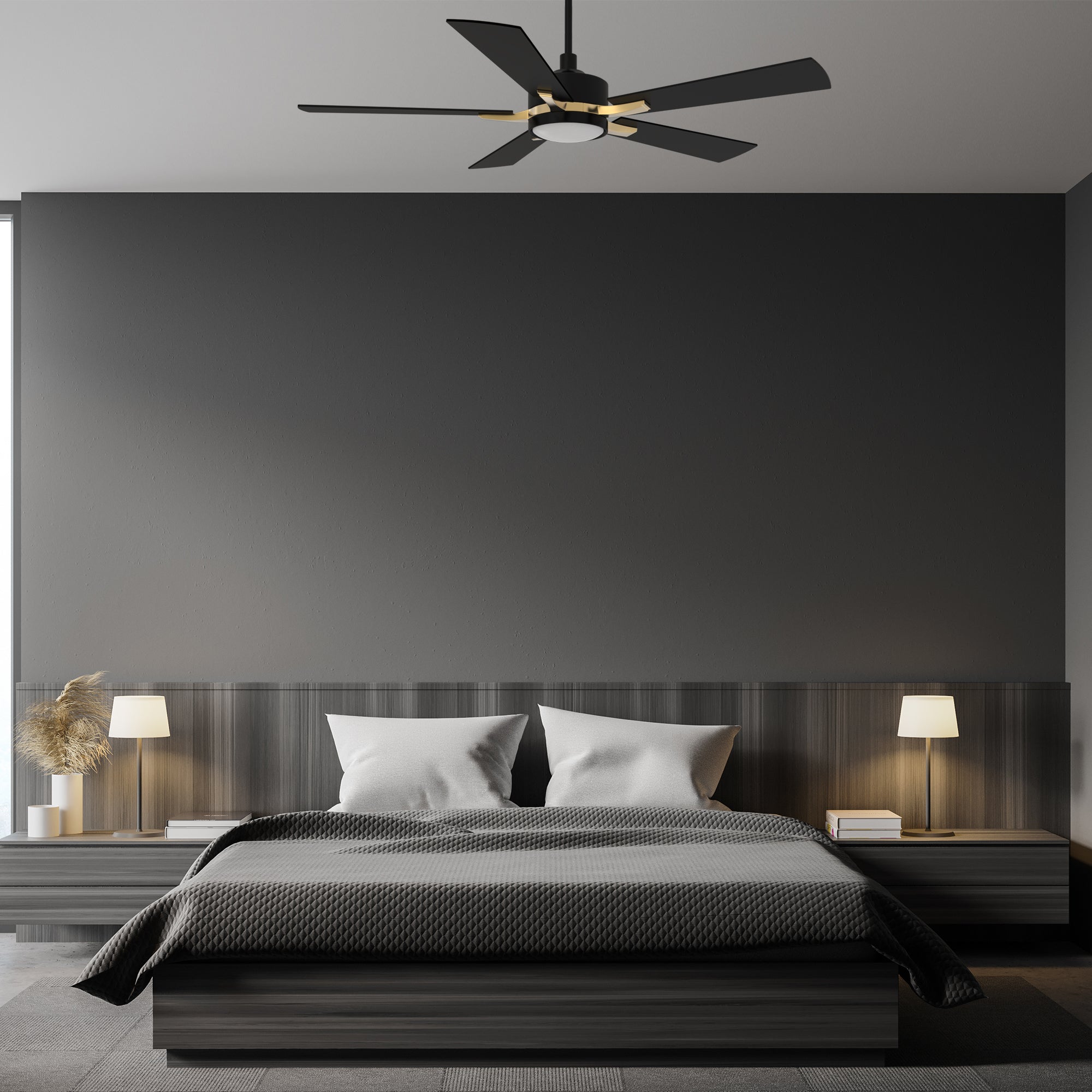 The Smafan Apex 56'' smart ceiling fan keeps your space cool, bright, and stylish. It is a soft modern masterpiece perfect for your large indoor living spaces. This Wifi smart ceiling fan is a simplicity designing with Black finish, use elegant Plywood blades and has an integrated 4000K LED daylight. #color_black-gold