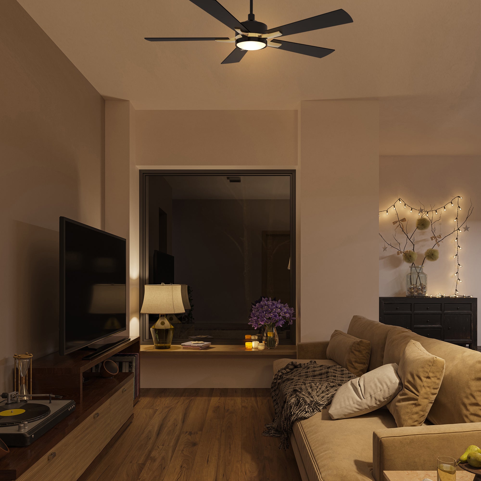 The Smafan Apex 56'' smart ceiling fan keeps your space cool, bright, and stylish. It is a soft modern masterpiece perfect for your large indoor living spaces. This Wifi smart ceiling fan is a simplicity designing with Black finish, use elegant Plywood blades and has an integrated 4000K LED daylight. #color_Black&Gold