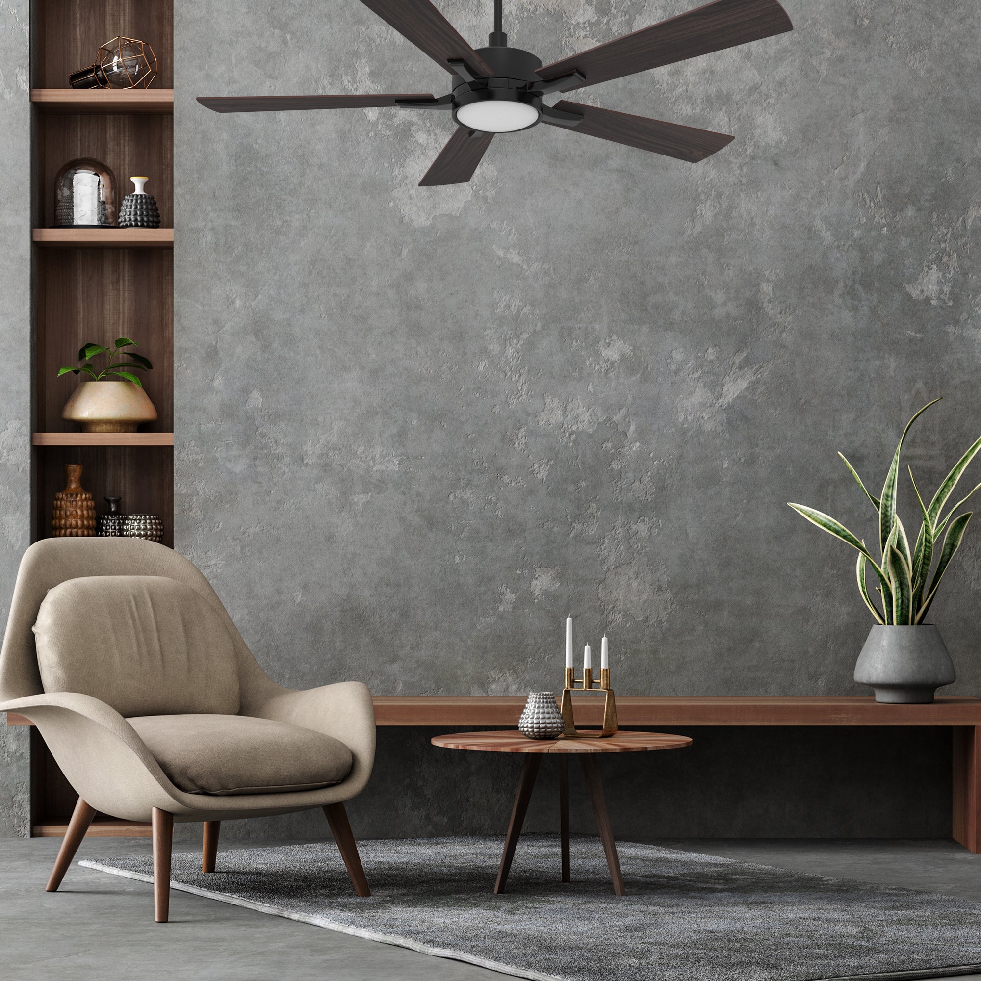 The Smafan Apex 52 inch smart ceiling fan keeps your space cool, bright, and stylish. It is a soft modern masterpiece perfect for your large indoor living spaces. This Wifi smart ceiling fan is a simplicity designing with Black finish, use elegant Plywood blades and has an integrated 4000K LED daylight. #color_dark-wood