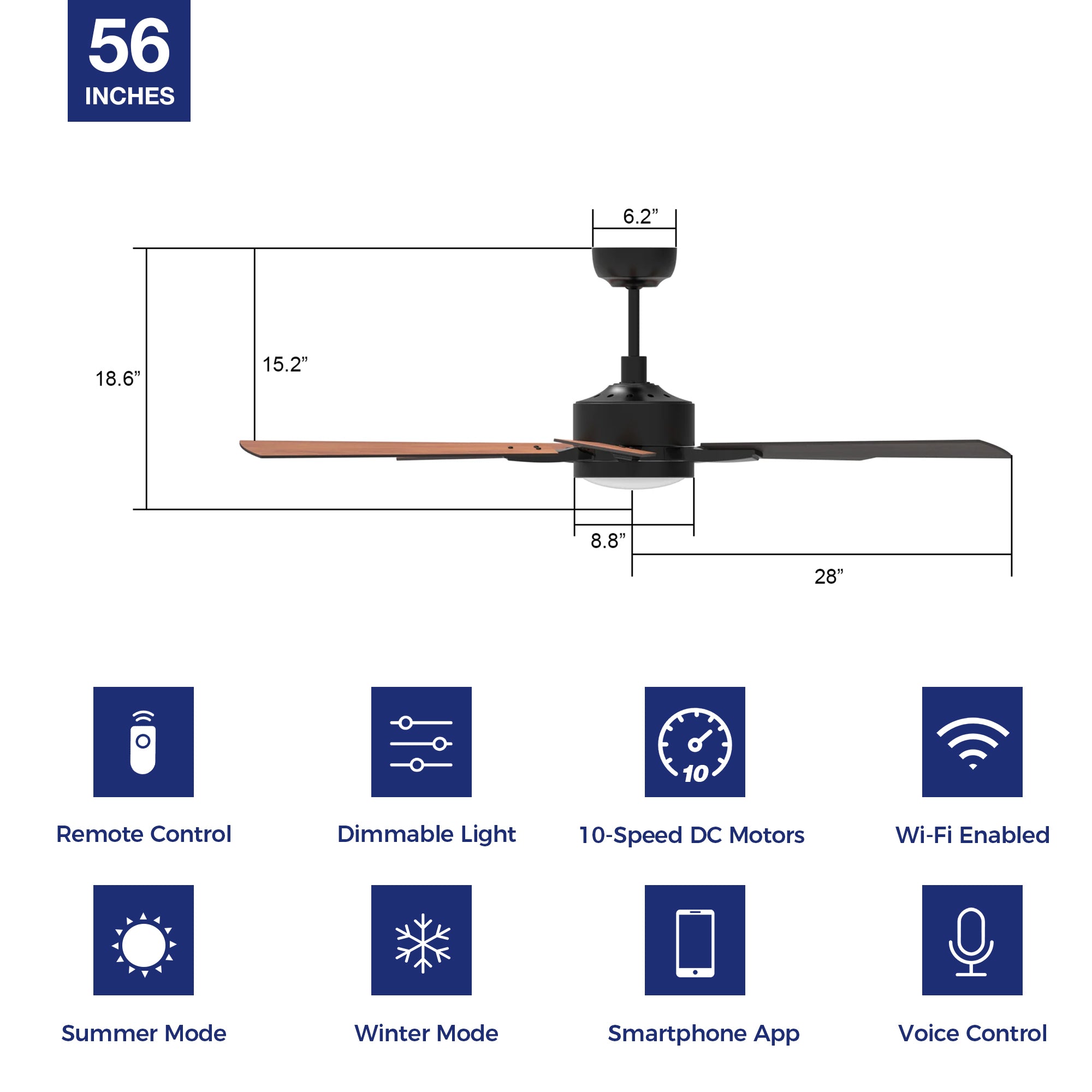 The Smafan Apex 56'' smart ceiling fan keeps your space cool, bright, and stylish. It is a soft modern masterpiece perfect for your large indoor living spaces. This Wifi smart ceiling fan is a simplicity designing with Black finish, use elegant Plywood blades and has an integrated 4000K LED daylight. #color_dark-wood