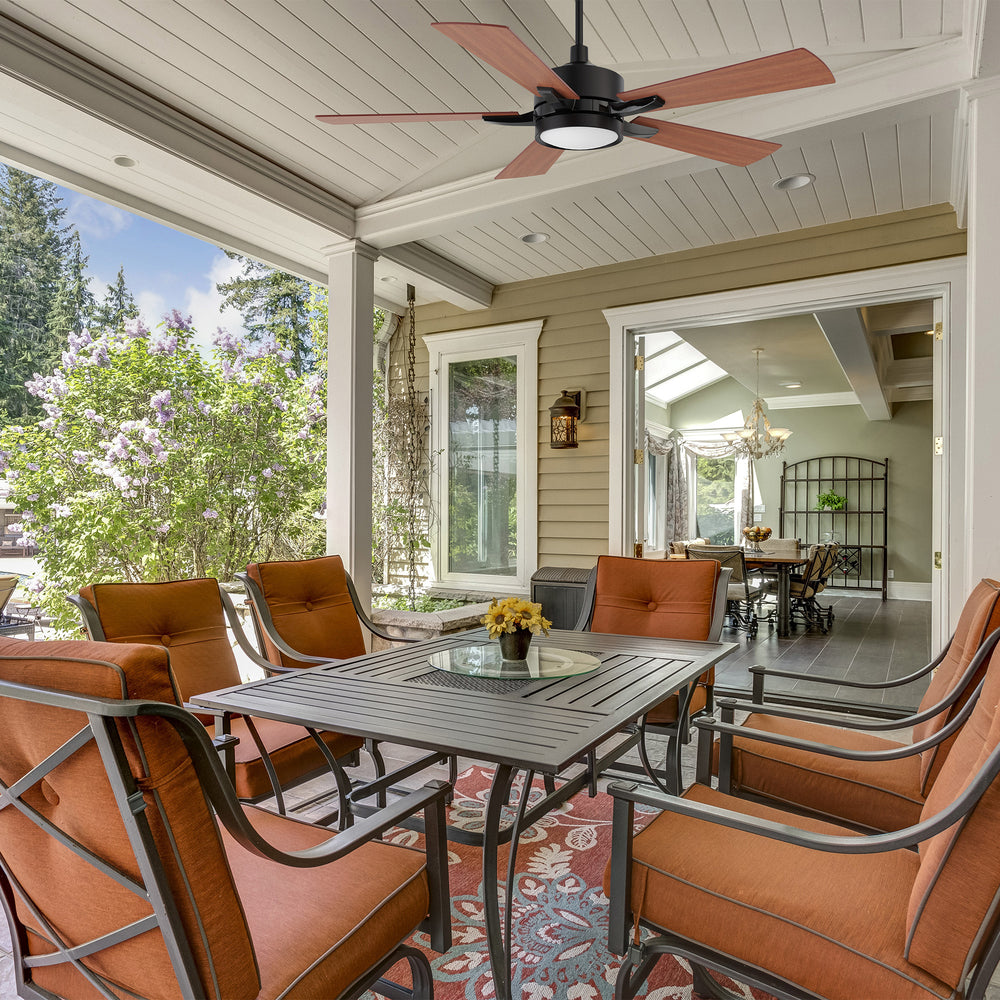 Apex 52-inch modern outdoor smart ceiling fan with integrated LED light, ideal for covered patio spaces, featuring sleek blades and contemporary design. 