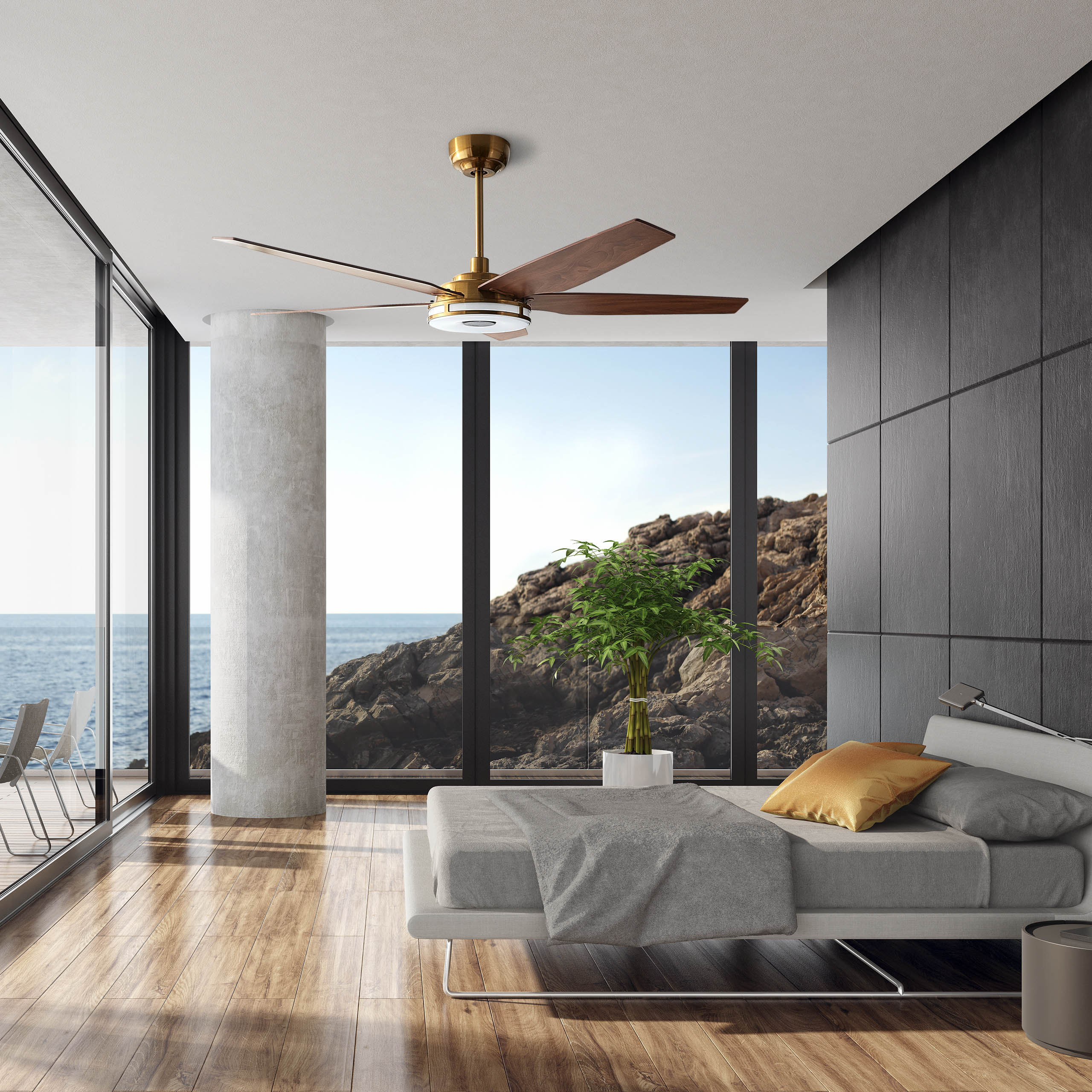 Carro Explorer 56&#39;&#39; 5-Blade Smart Ceiling Fan with LED Light Kit &amp; Remote - Gold Case and Wood Grain Fan Blades