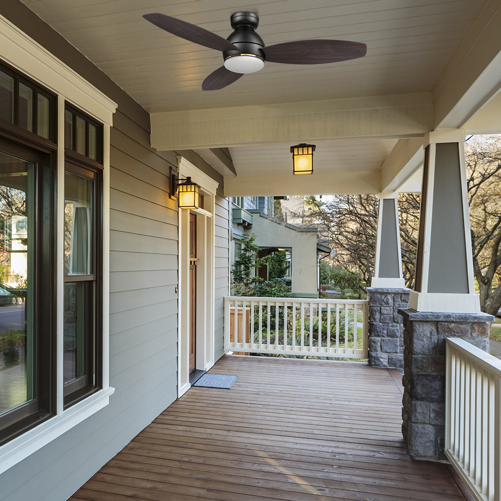 Add a touch of style to your outdoor living space with this low-profile outdoor ceiling fan, featuring reversible blades and dimmable light. #color_wood