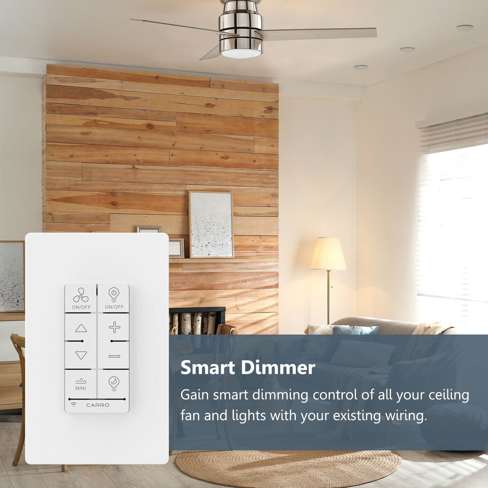 Carro Home Ceiling Fan Smart Switch. Turn your existing AC ceiling fan into a smart device with our universal smart switch. Carro Home smart switch can replace any existing wall switches for your AC ceiling fans. Gentle Light Dimmer functions will provide comfortable ambience.  Carro Locus Smart Switch features in-wall compact design with white plate and modern clean lines, perfect for any décor. ETL and FCC Certified. Designed in California.