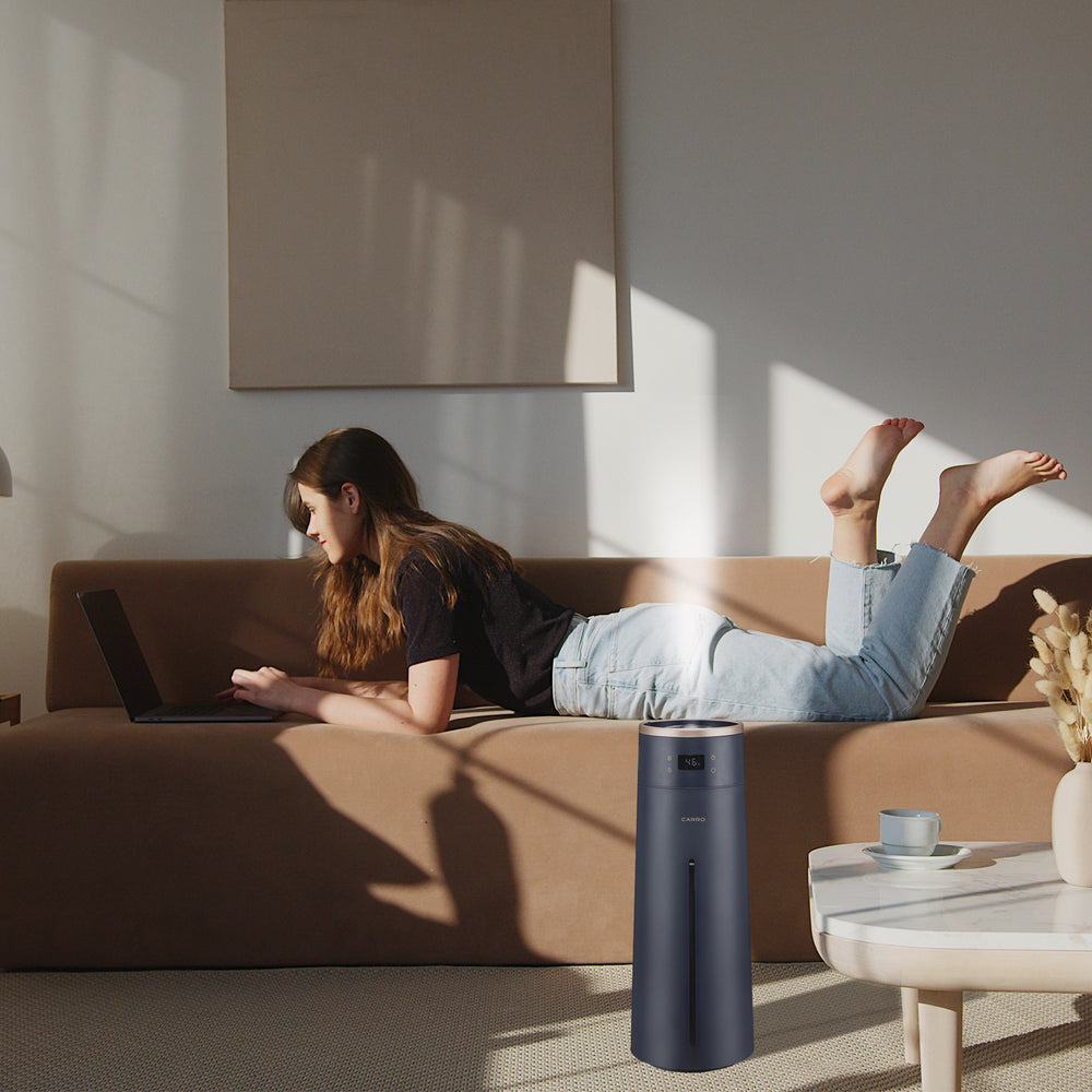 Carro Jacinto Humidifier, with Ultrasonic Technology, quietly disperses a sufficient amount of cool mist into the air providing relief from the dry air. The humidifier is equipped with a 1-8 hours timer and variable touch/APP mist control. 