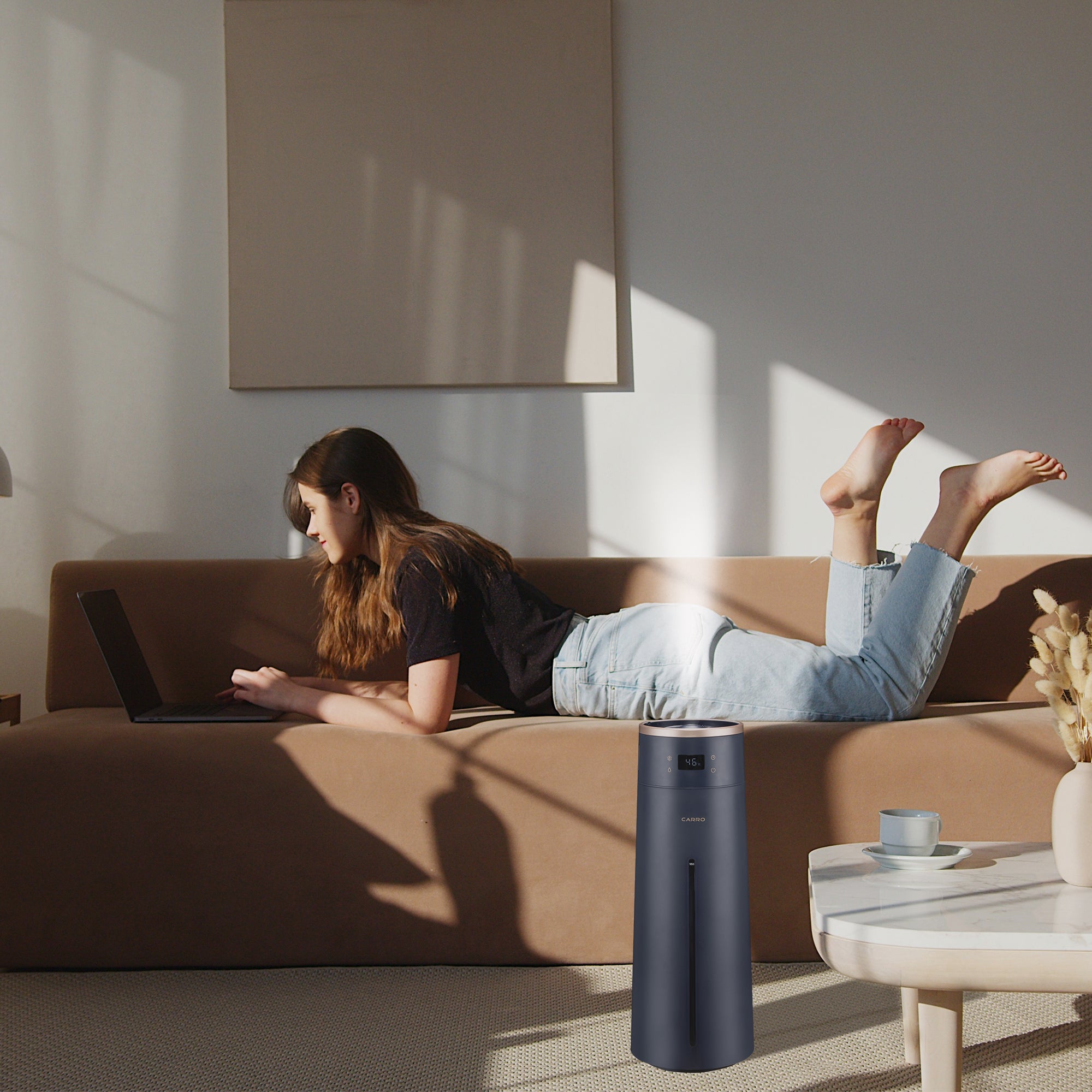 Carro Jacinto Humidifier, with Ultrasonic Technology, quietly disperses a sufficient amount of cool mist into the air providing relief from the dry air. The humidifier is equipped with a 1-8 hours timer and variable touch/APP mist control. 