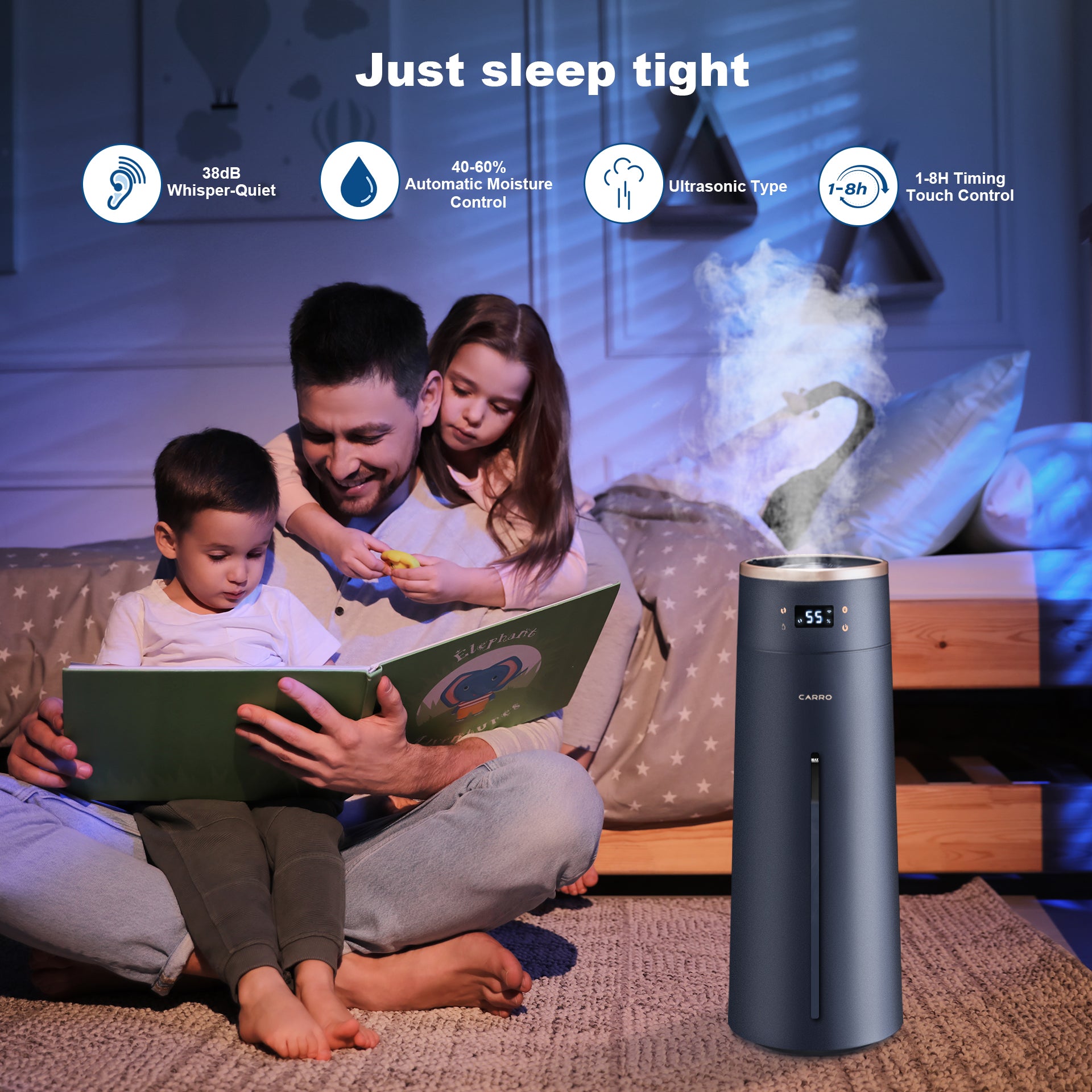 Carro Jacinto Humidifier, with Ultrasonic Technology, quietly disperses a sufficient amount of cool mist into the air providing relief from the dry air. The humidifier is equipped with a 1-8 hours timer and variable touch/APP mist control.  #color_Black
