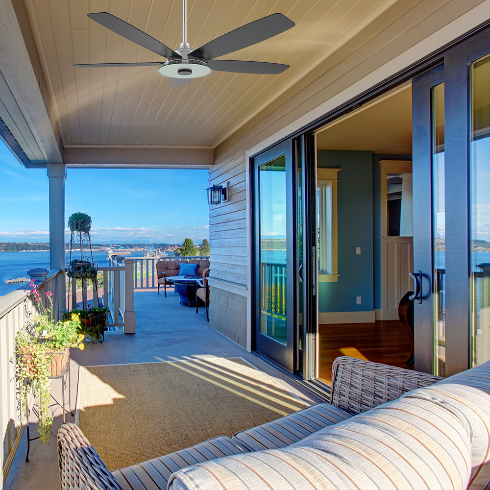 Smafan Striker 52 inch outdoor ceiling fan with silver and black fan blades design, and an 6/12 in extended rod, mounting in a outdoor patio. 