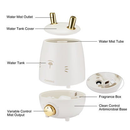 The humidifier is equipped with double lovely bunny-ear-shape Atomization Outlets and variable mist control rotary switch. A low water indicator light lets you know when it&