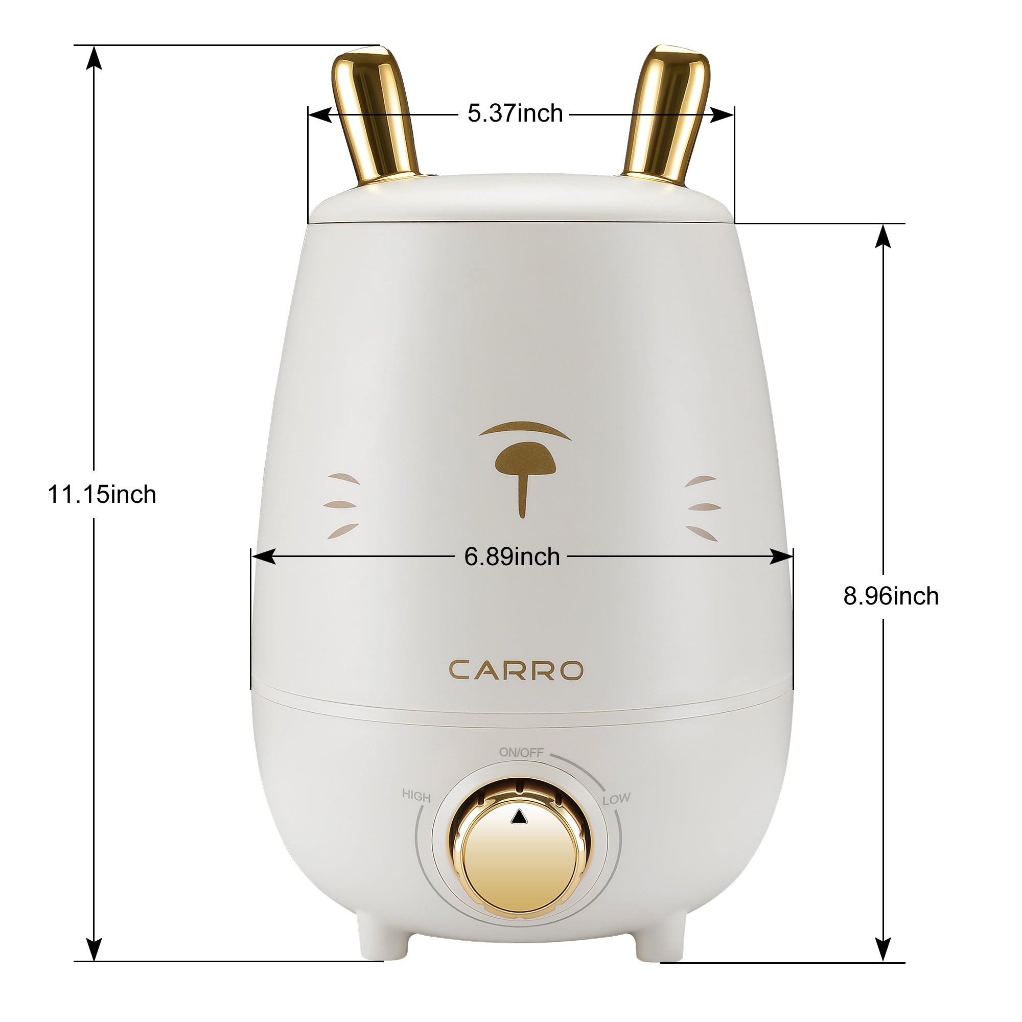 The humidifier is equipped with double lovely bunny-ear-shape Atomization Outlets and variable mist control rotary switch. A low water indicator light lets you know when it&#39;s time to refill the water tank. Carro humidifier creates a better home environment for those suffering from colds, allergies and dry skin.