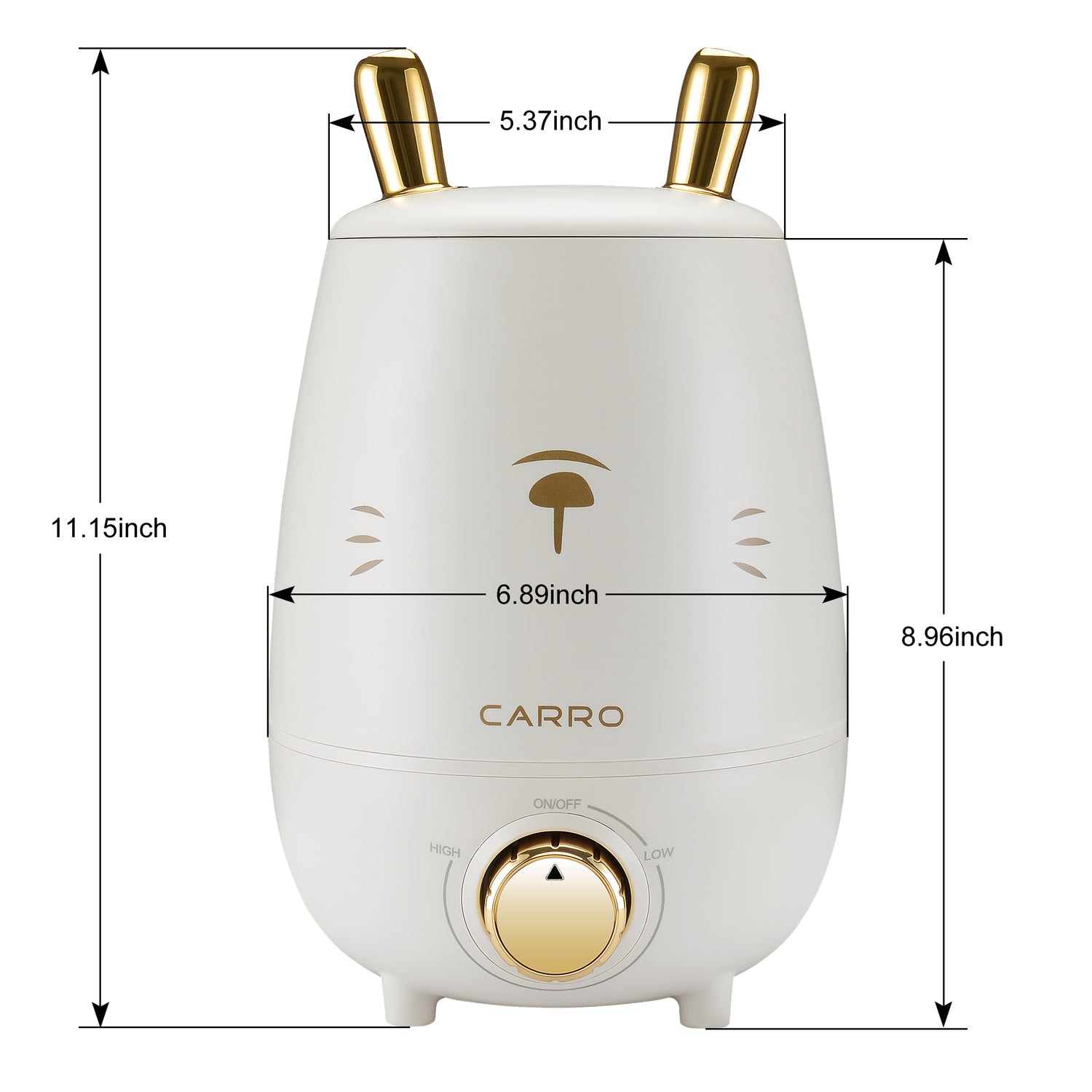 The humidifier is equipped with double lovely bunny-ear-shape Atomization Outlets and variable mist control rotary switch. A low water indicator light lets you know when it&