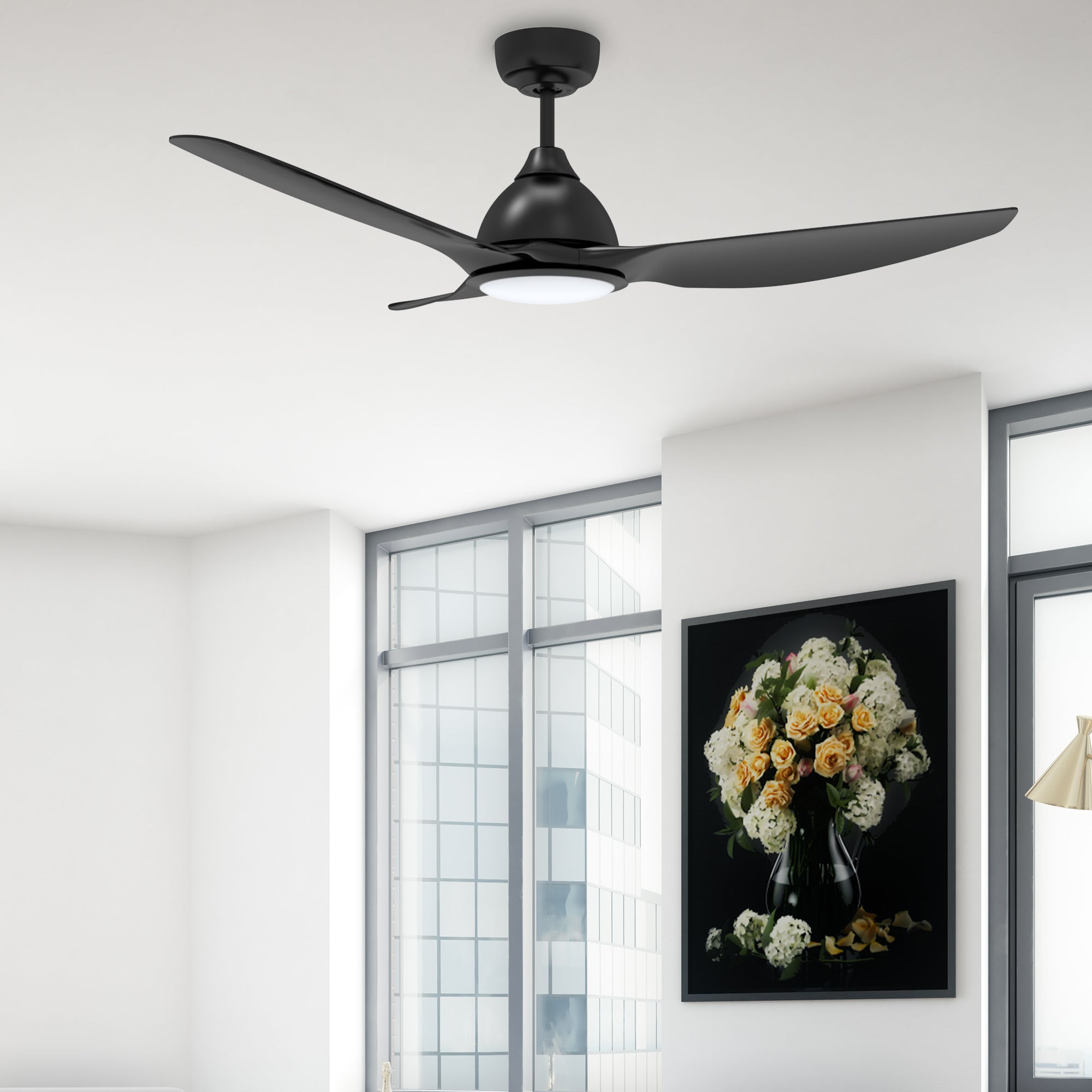 The Smafan Cresta 52&#39;&#39; smart ceiling fan keeps your space cool, bright, and stylish. It is a soft modern masterpiece perfect for your large indoor living spaces. This Wifi smart ceiling fan is a simplicity designing with Black finish, use ABS blades and has an integrated 4000K LED daylight. 