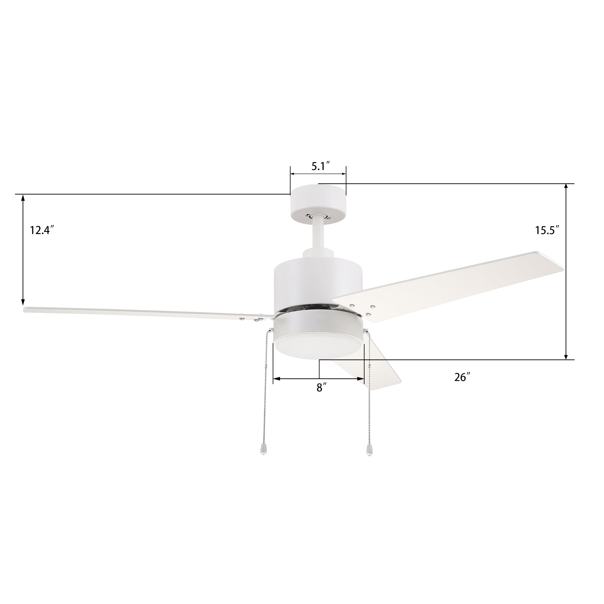 This Dulac 52''Ceiling Fan keeps your space cool, bright, and stylish. It is a soft modern masterpiece perfect for your large indoor living spaces. This Model ceiling fan is a simplicity designing with White finish, use elegant Plywood blades and has an integrated 3000K LED warm light. The fan feature the pull chain switches to set fan speeds and lighting On/Off. #color_white