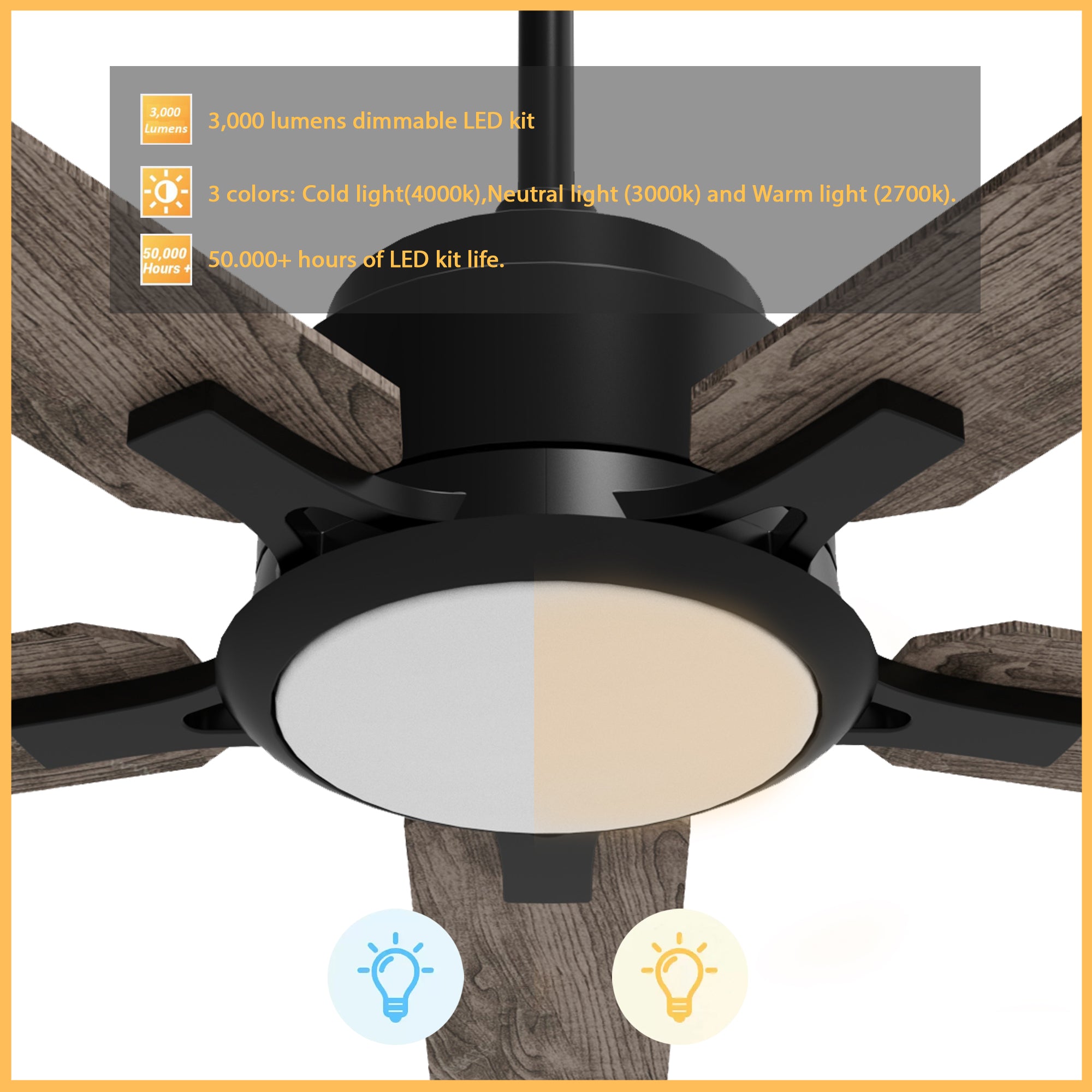 The Smafan Essex 52'' smart ceiling fan keeps your space cool, bright, and stylish. It is a soft modern masterpiece perfect for your large indoor living spaces. This Wifi smart ceiling fan is a simplicity designing with Black finish, use elegant Plywood blades and has an integrated 4000K LED daylight. #color_wood