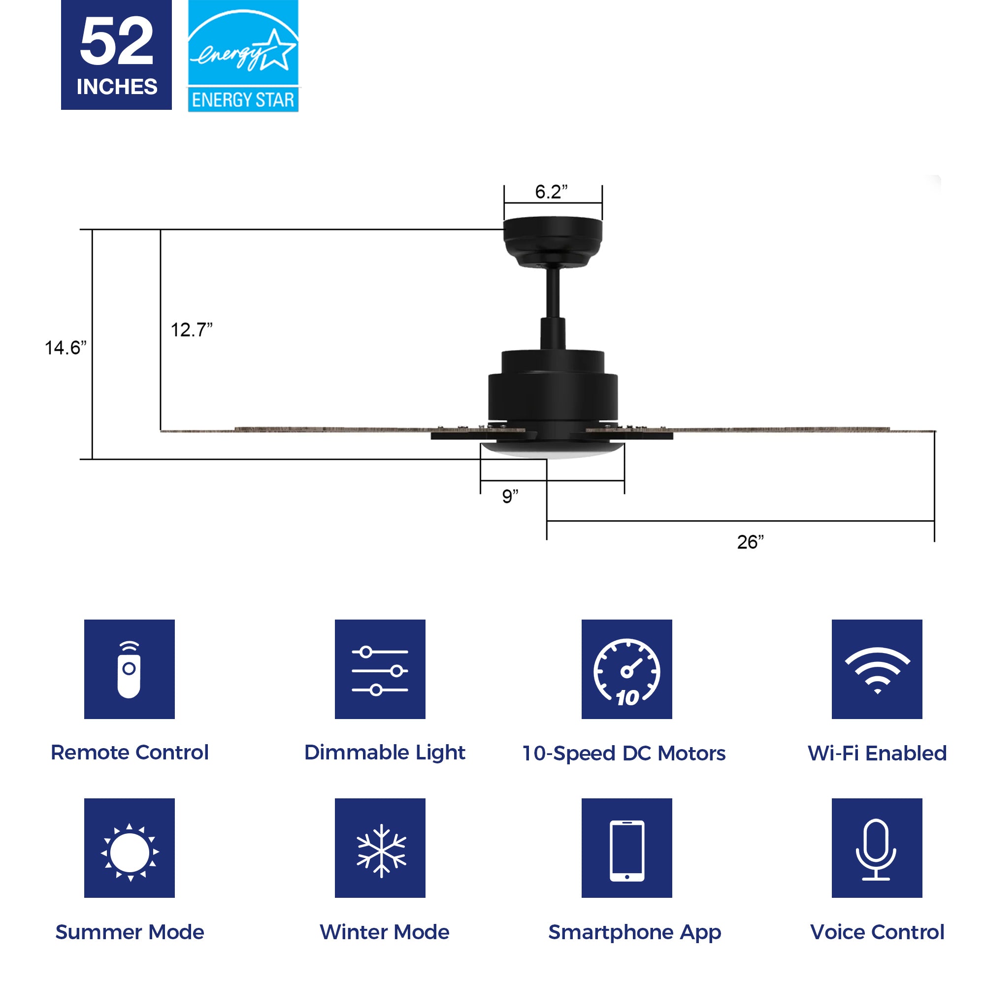 The Smafan Essex 52'' smart ceiling fan keeps your space cool, bright, and stylish. It is a soft modern masterpiece perfect for your large indoor living spaces. This Wifi smart ceiling fan is a simplicity designing with Black finish, use elegant Plywood blades and has an integrated 4000K LED daylight. #color_wood