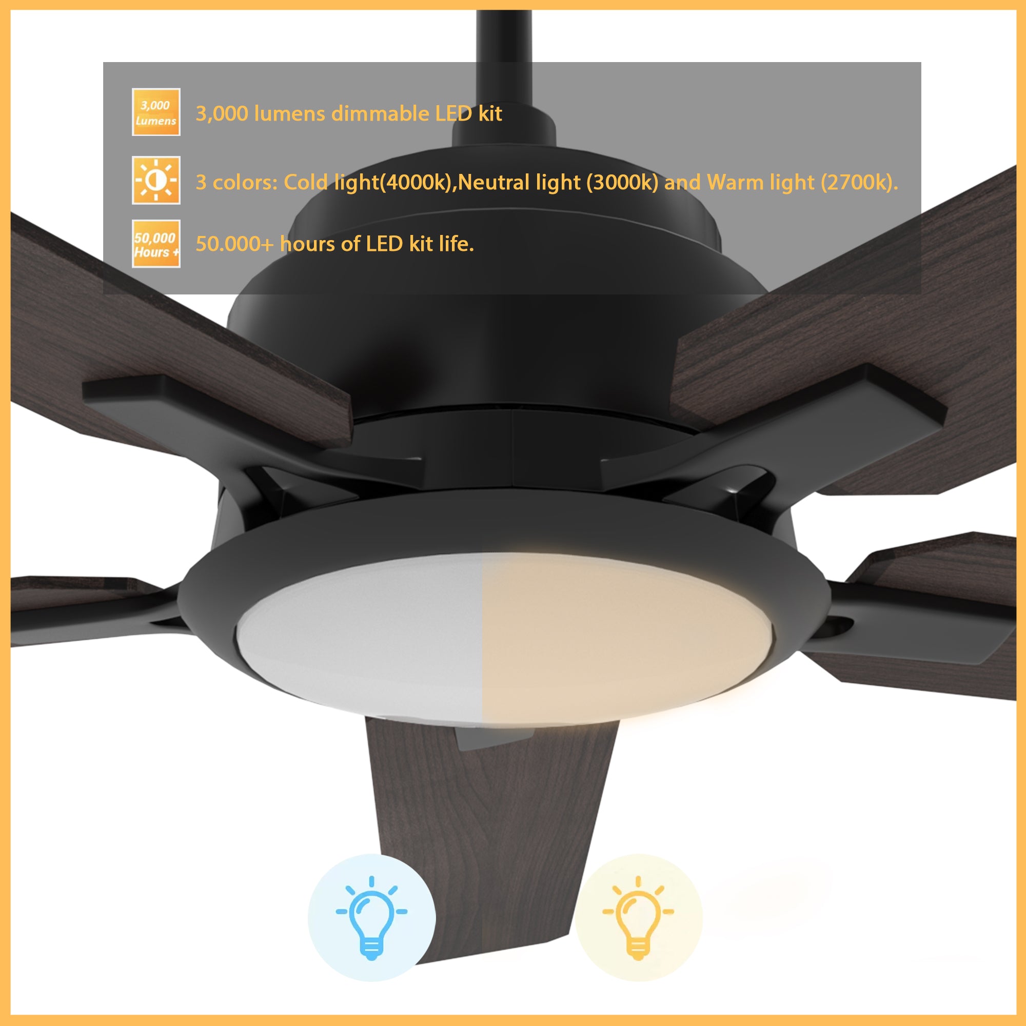 The Smafan Essex 52'' smart ceiling fan keeps your space cool, bright, and stylish. It is a soft modern masterpiece perfect for your large indoor living spaces. This Wifi smart ceiling fan is a simplicity designing with Black finish, use elegant Plywood blades and has an integrated 4000K LED daylight.#color_dark-wood