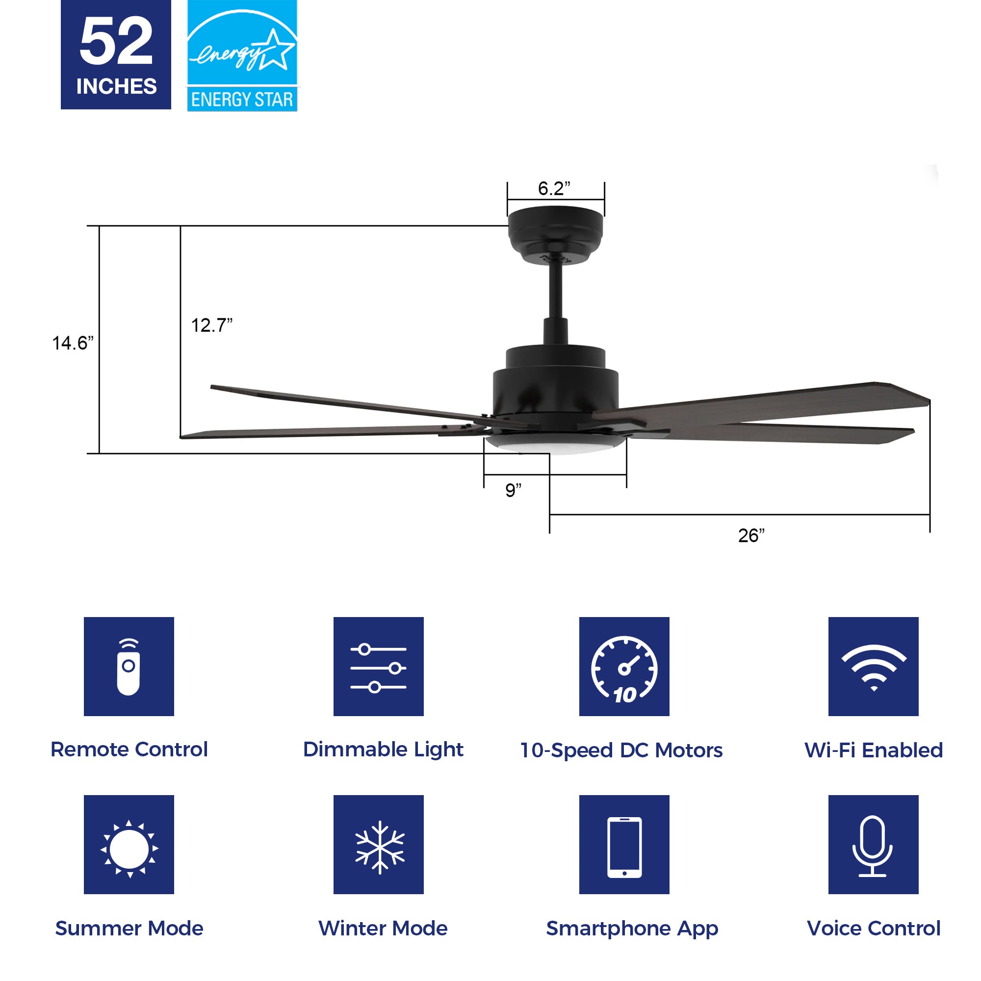 The Smafan Essex 52'' smart ceiling fan keeps your space cool, bright, and stylish. It is a soft modern masterpiece perfect for your large indoor living spaces. This Wifi smart ceiling fan is a simplicity designing with Black finish, use elegant Plywood blades and has an integrated 4000K LED daylight.#color_dark-wood