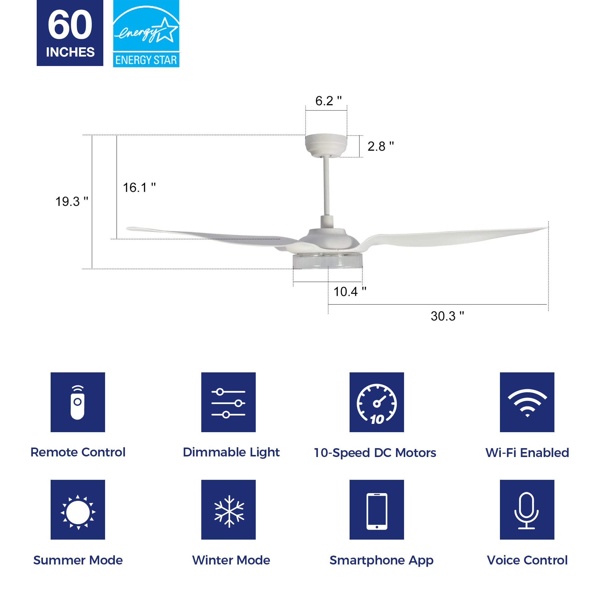 Carro Icebreaker 60&#39;&#39; 3-Blade Smart Ceiling Fan with LED Light Kit &amp; Remote - Black Case and Fan Blades