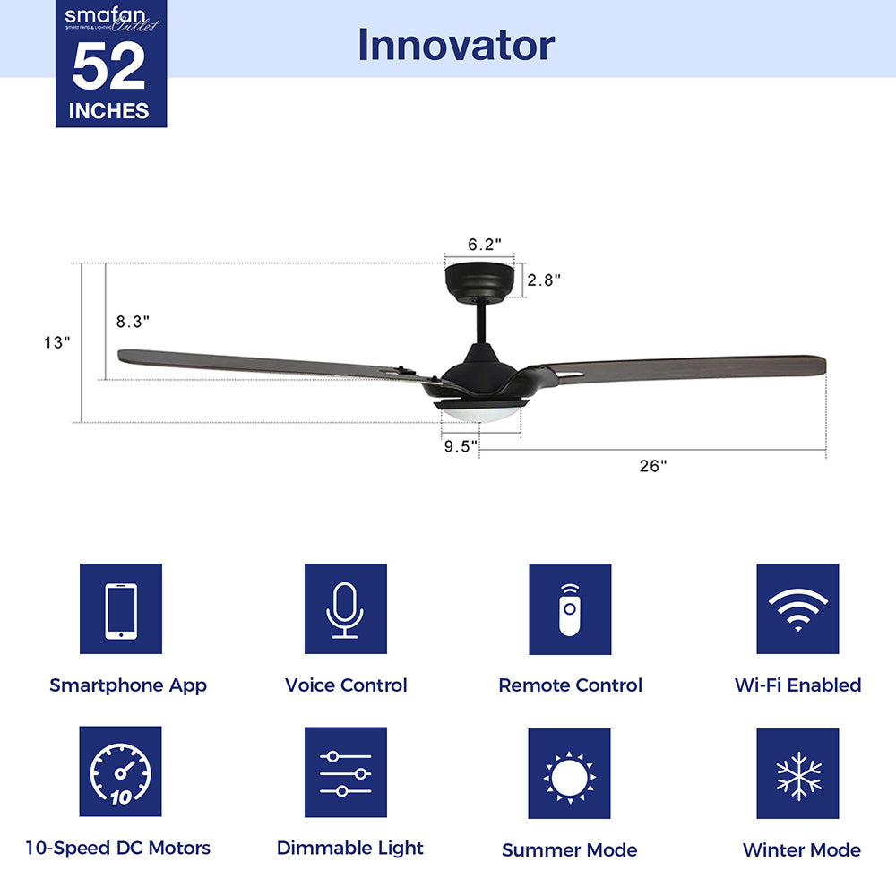 The Smafan Innovator 52&#39;&#39;smart ceiling fan is a perfect balance of performance and modern design. With a dimmable LED kit with 3 light settings: Cool, Neutral and Warm, 10-speed whisper-quiet DC motor, Alexa, Google Assistant, and Siri enabled, Innovator will fit perfectly any indoor or outdoor space.