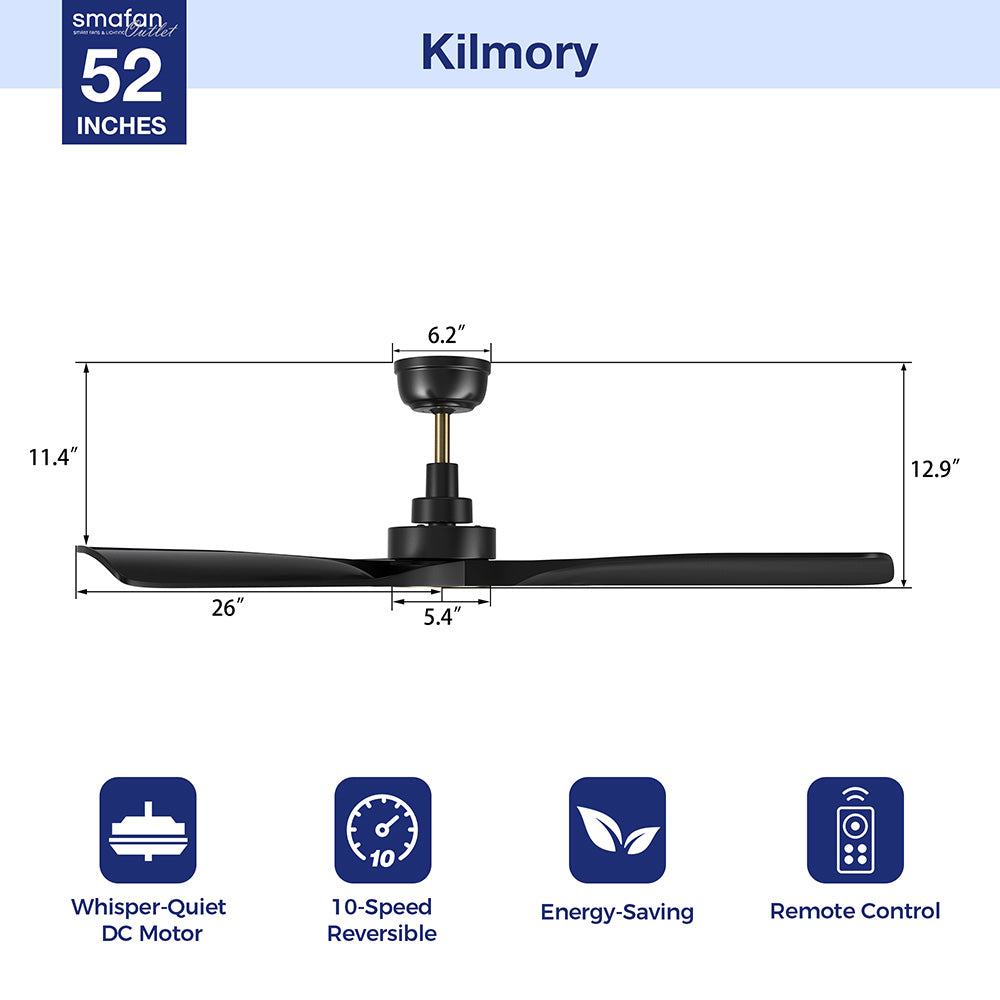 This Kilmory 52" ceiling fan keeps your space cool and stylish. It is a soft modern masterpiece perfect for your large indoor living spaces. This ceiling fan is a simplicity designing with Black finish, use very strong ABS blades. The fan features Remote control to set fan preferences. 