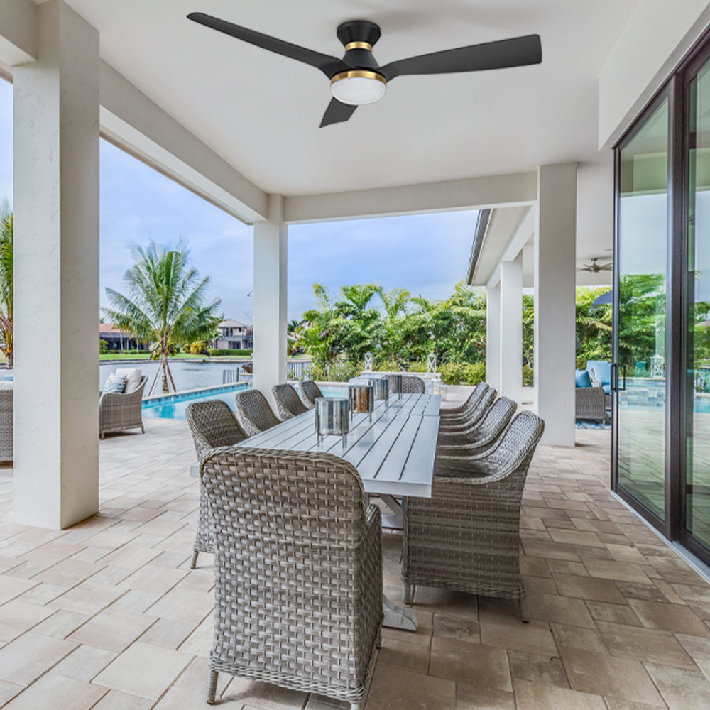 With a contemporary design and remote control operation, this Livex 52-inch outdoor ceiling fan is a sleek addition to any outdoor coverd space.