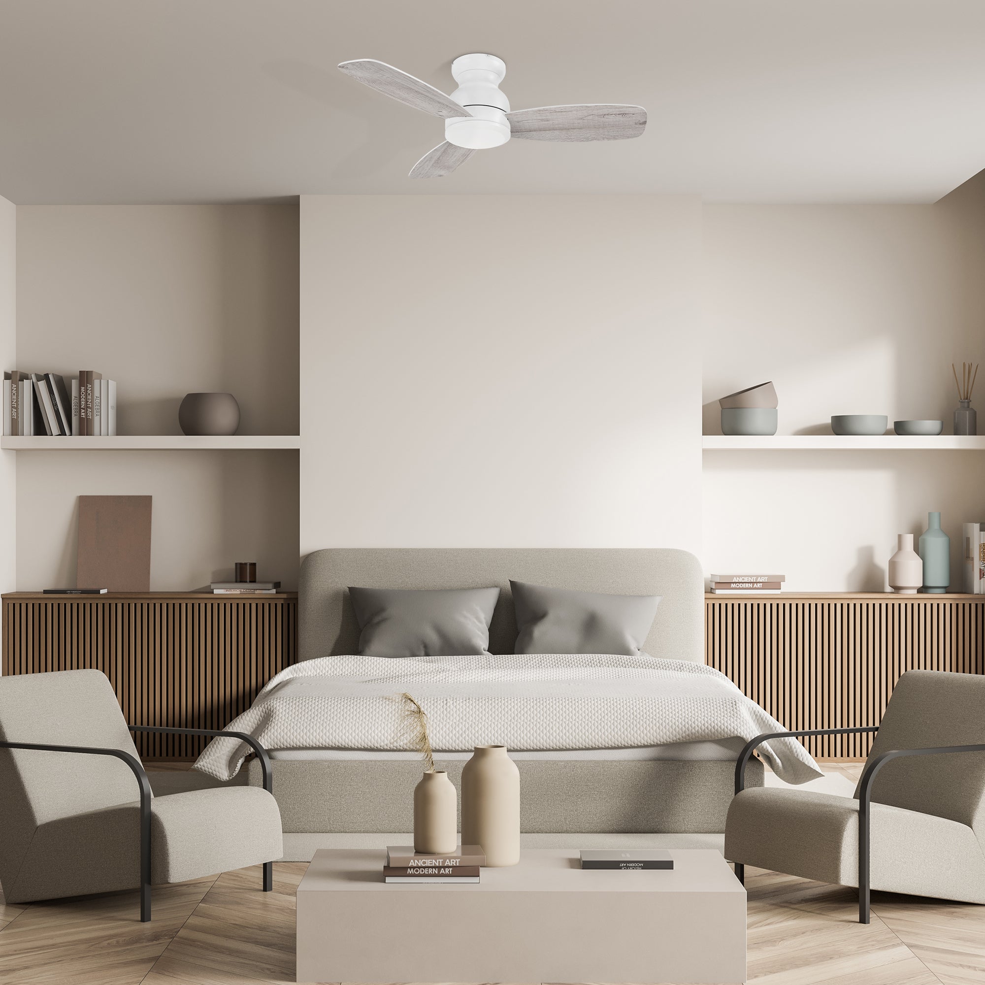 Enjoy a cooling breeze and relaxing controling in an elegant space with the Smafan Osborn 44 inch indoor ceiling fan. The fan is equipped with the latest motor and controling technology with a stylish exterior to suit the décor of your preference. The fan features a charming wood / white finish and sleek blades to cooling up your indoor living spaces. #color_white-light-wood