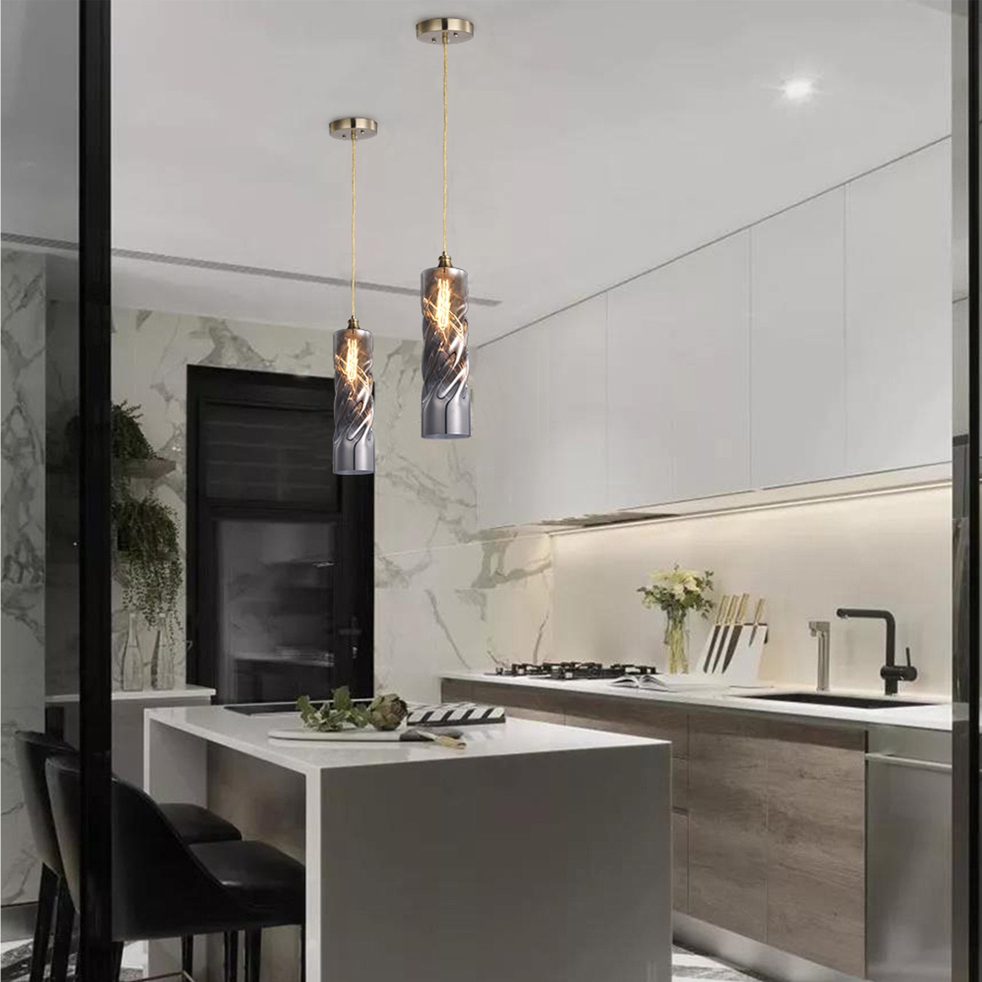 Carro Home Gemini Ombre Glass Pendant Light - Smoker Gray Adjustable Height 