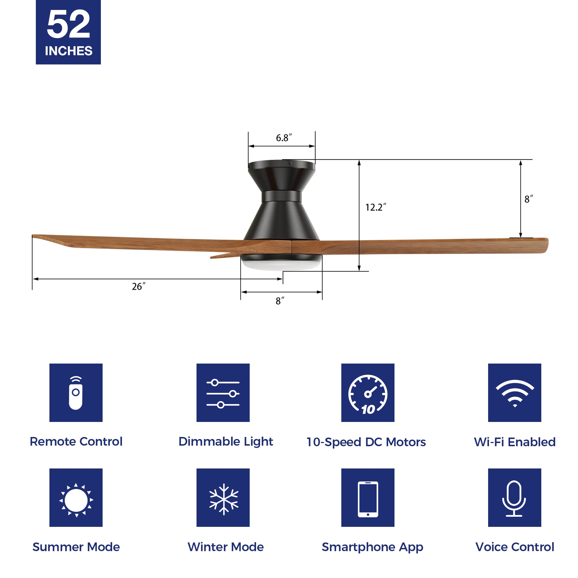 This Antrim 52'' smart ceiling fan keeps your space cool, bright, and stylish. It is a soft modern masterpiece perfect for your large indoor living spaces. This Wifi smart ceiling fan is a simplicity designing with Black finish, use elegant Solid Wood blades and has an integrated 4000K LED daylight. The fan features Remote control, Wi-Fi apps, Siri Shortcut and Voice control technology (compatible with Amazon Alexa and Google Home Assistant ) to set fan preferences. #color_black