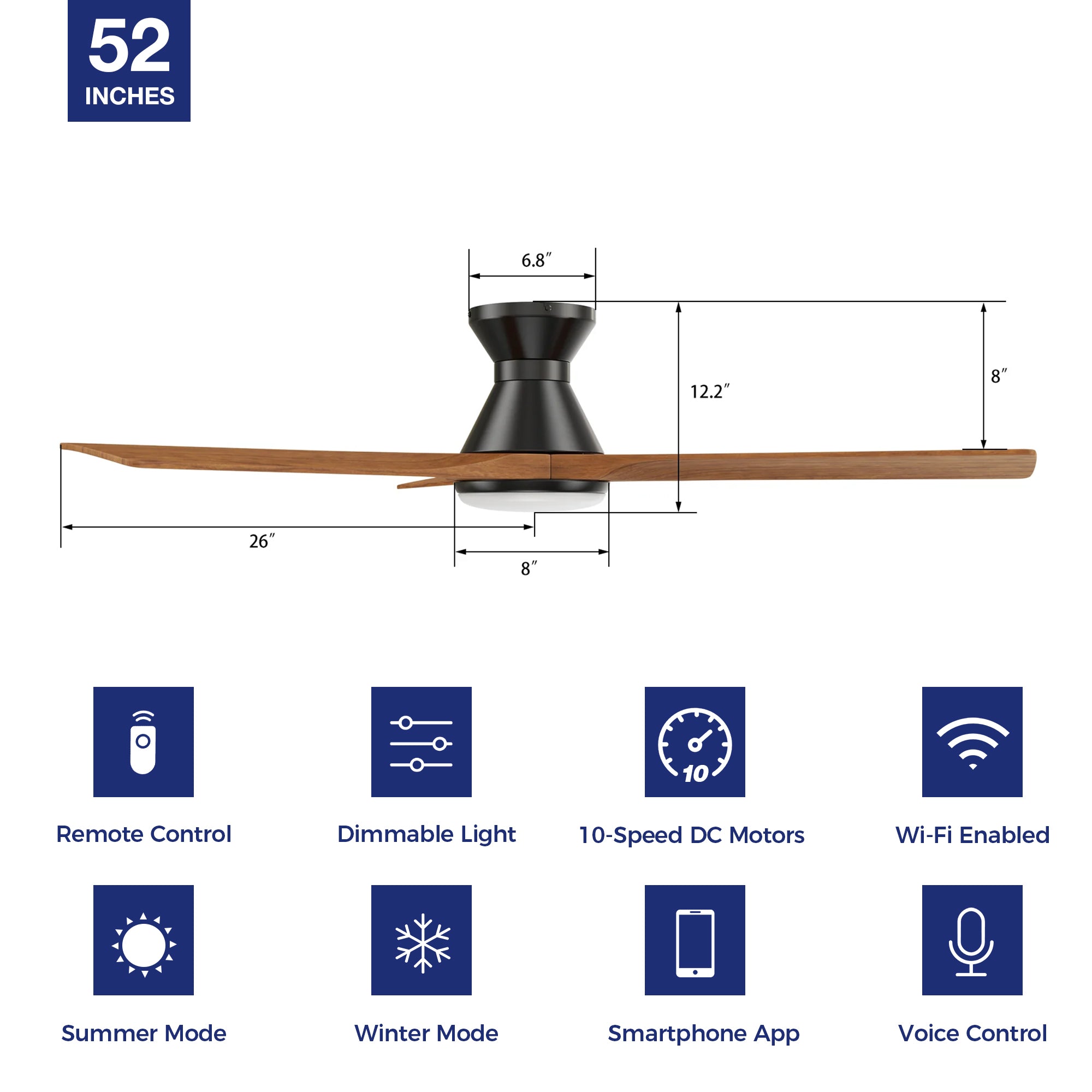 This Antrim 52&#39;&#39; smart ceiling fan keeps your space cool, bright, and stylish. It is a soft modern masterpiece perfect for your large indoor living spaces. This Wifi smart ceiling fan is a simplicity designing with Black finish, use elegant Solid Wood blades and has an integrated 4000K LED daylight. The fan features Remote control, Wi-Fi apps, Siri Shortcut and Voice control technology (compatible with Amazon Alexa and Google Home Assistant ) to set fan preferences. 
