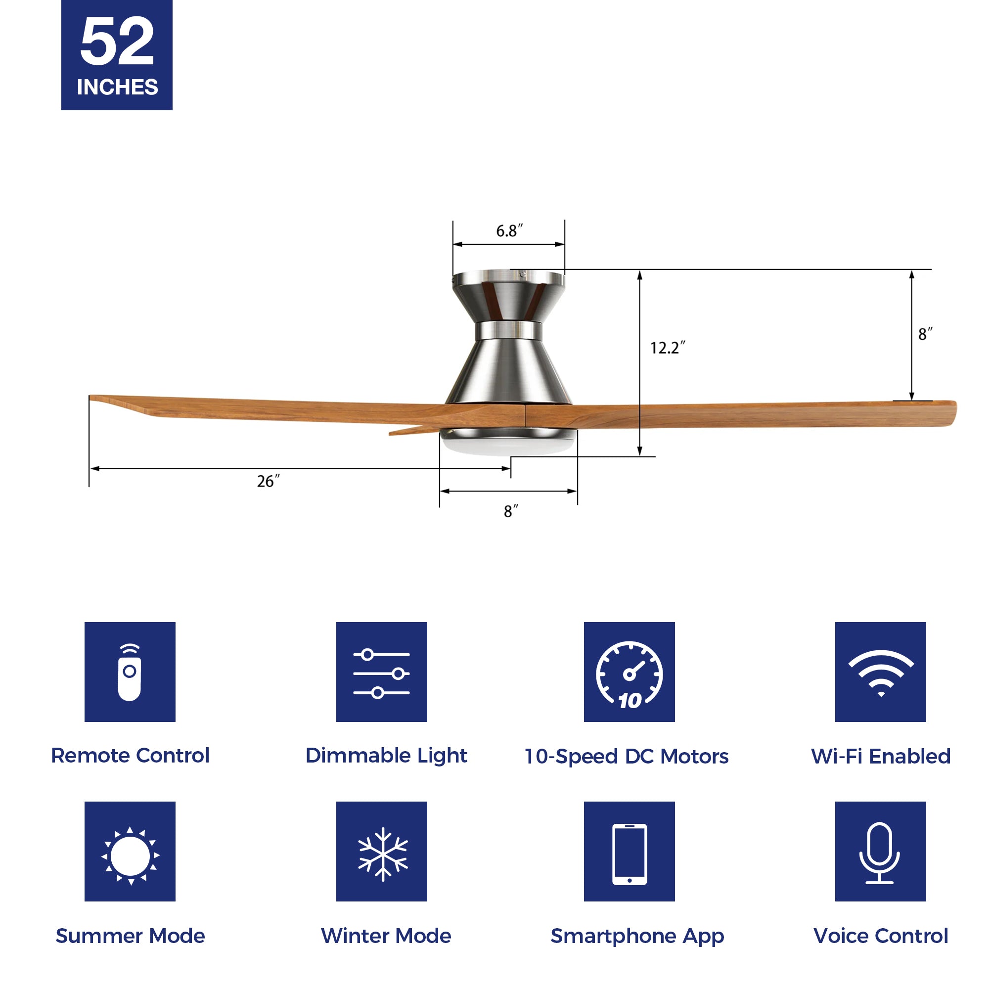 This Antrim 52'' smart ceiling fan are made with incredibly efficient and completely silent DC motors, full function remote control - fan speed, light on/off/dim, reverse function, including 10-speed reversible motor allows you to change the direction of your fan from downdraft mode during the summer to updraft mode during the winter. #color_silver