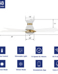 This Aspen 48'' smart ceiling fan keeps your space cool, bright, and stylish. It is a soft modern masterpiece perfect for your large indoor living spaces. This Wifi smart ceiling fan is a simplicity designing with White finish, use elegant Plywood blades and has an integrated 4000K LED cool light. The fan features Remote control, Wi-Fi apps, Siri Shortcut and Voice control technology (compatible with Amazon Alexa and Google Home Assistant ) to set fan preferences. 