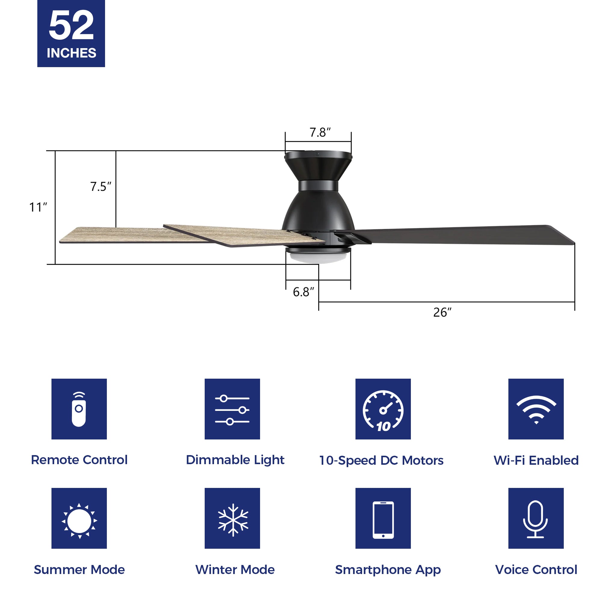 This Aspen 52&#39;&#39; smart ceiling fan keeps your space cool, bright, and stylish. It is a soft modern masterpiece perfect for your large indoor living spaces. This Wifi smart ceiling fan is a simplicity designing with Black finish, use elegant Plywood blades and has an integrated 4000K LED cool light. The fan features Remote control, Wi-Fi apps, Siri Shortcut and Voice control technology (compatible with Amazon Alexa and Google Home Assistant ) to set fan preferences. 