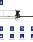 This Aspen 52'' smart ceiling fan keeps your space cool, bright, and stylish. It is a soft modern masterpiece perfect for your large indoor living spaces. This Wifi smart ceiling fan is a simplicity designing with Black finish, use elegant Plywood blades and has an integrated 4000K LED cool light. The fan features Remote control, Wi-Fi apps, Siri Shortcut and Voice control technology (compatible with Amazon Alexa and Google Home Assistant ) to set fan preferences. 
