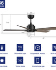 This Aspen 56'' smart ceiling fan keeps your space cool, bright, and stylish. It is a soft modern masterpiece perfect for your large indoor living spaces. This Wifi smart ceiling fan is a simplicity designing with Black finish, use elegant Plywood blades and has an integrated 3998K LED daylight. The fan features Remote control, Wi-Fi apps, Siri Shortcut and Voice control technology (compatible with Amazon Alexa and Google Home Assistant ) to set fan preferences. 