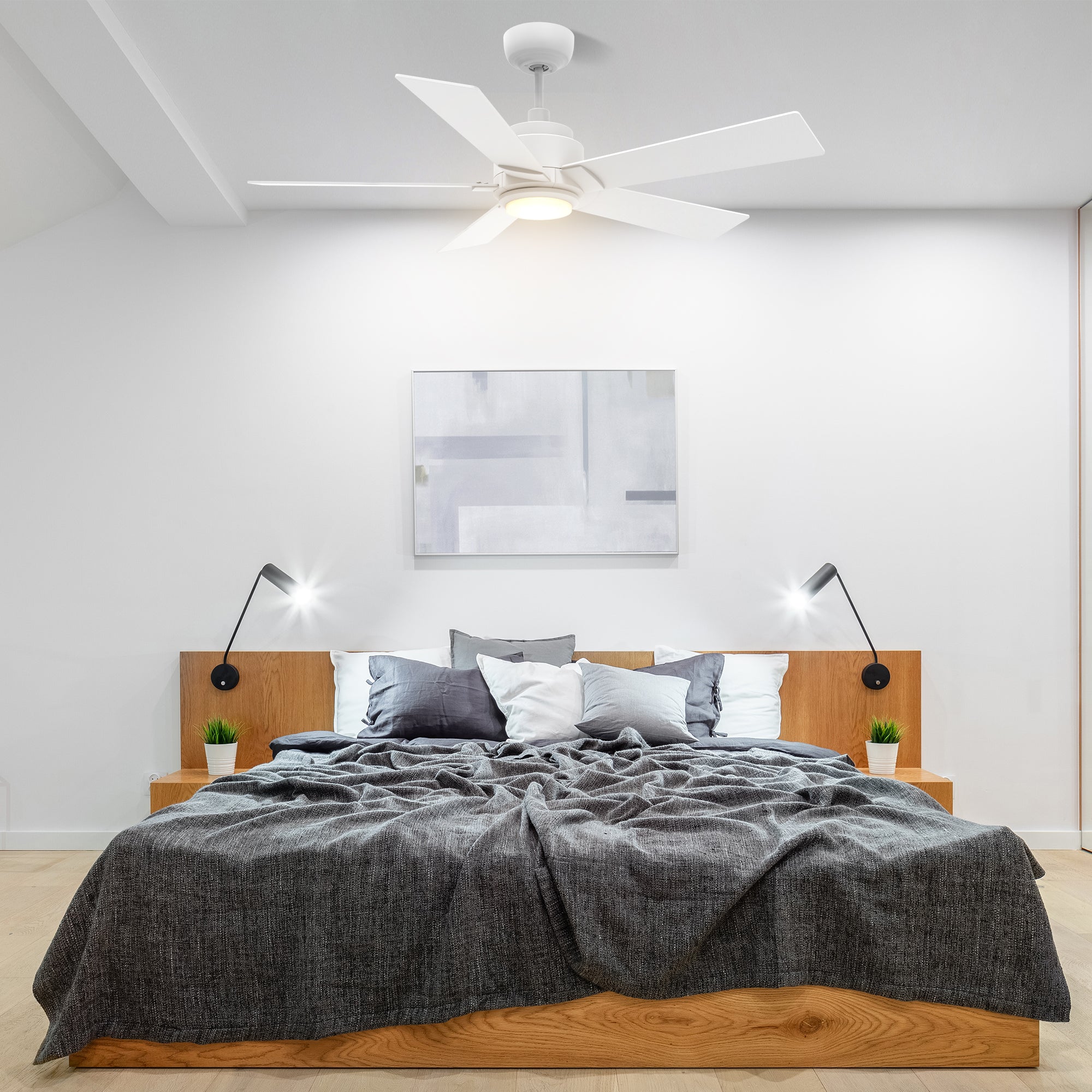 This Aspen 60'' smart ceiling fan keeps your space cool, bright, and stylish. It is a soft modern masterpiece perfect for your large indoor living spaces. This Wifi smart ceiling fan is a simplicity designing with White finish, use elegant Plywood blades and has an integrated 4000K LED cool light. The fan features Remote control, Wi-Fi apps, Siri Shortcut and Voice control technology (compatible with Amazon Alexa and Google Home Assistant ) to set fan preferences. #color_white