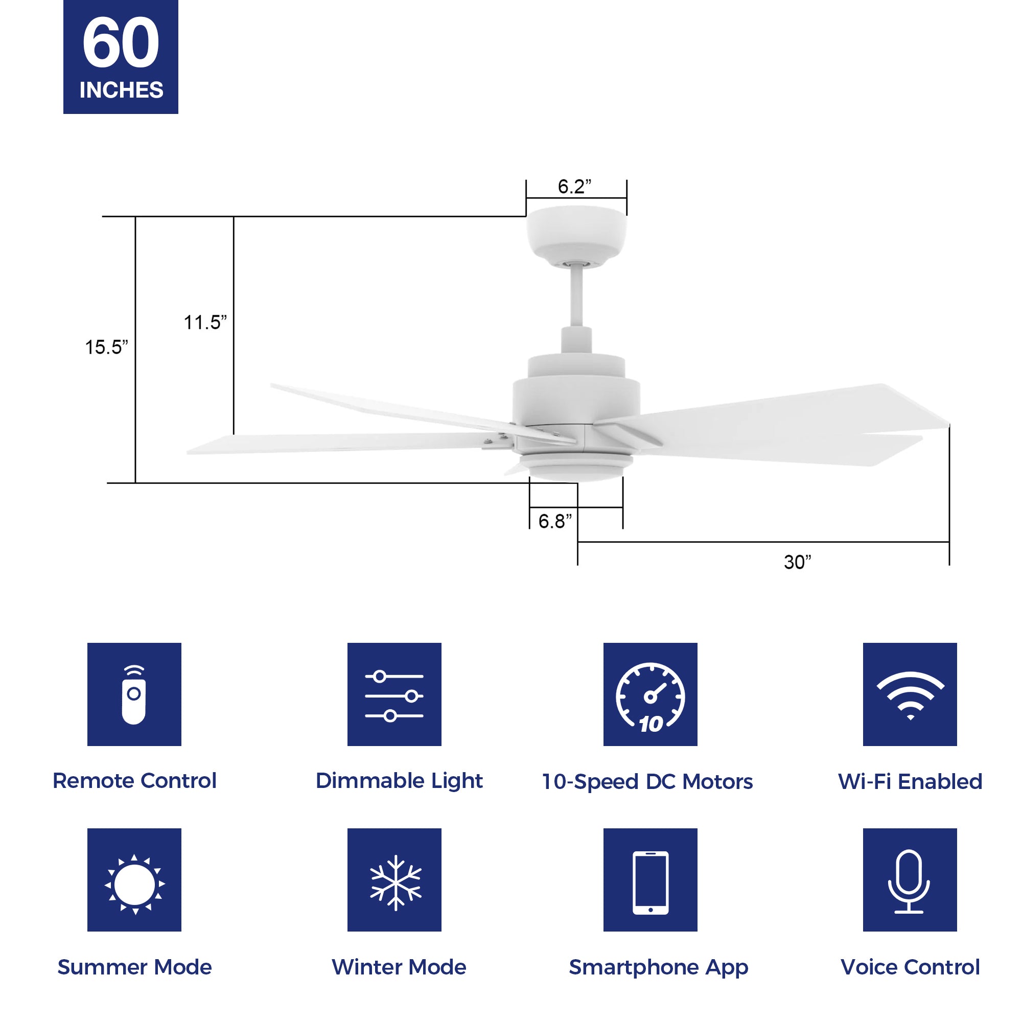 This Aspen 60'' smart ceiling fan keeps your space cool, bright, and stylish. It is a soft modern masterpiece perfect for your large indoor living spaces. This Wifi smart ceiling fan is a simplicity designing with White finish, use elegant Plywood blades and has an integrated 4000K LED cool light. The fan features Remote control, Wi-Fi apps, Siri Shortcut and Voice control technology (compatible with Amazon Alexa and Google Home Assistant ) to set fan preferences. #color_white