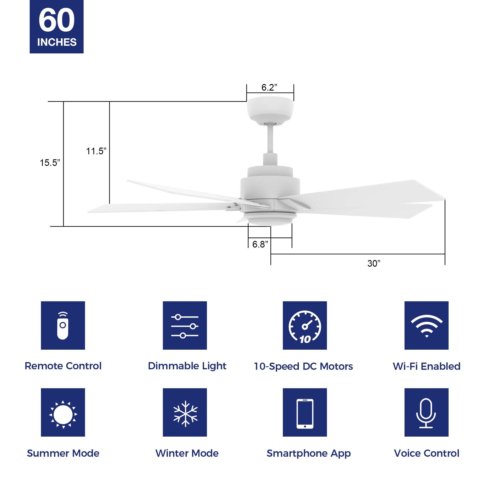 This Aspen 60&#39;&#39; smart ceiling fan keeps your space cool, bright, and stylish. It is a soft modern masterpiece perfect for your large indoor living spaces. This Wifi smart ceiling fan is a simplicity designing with White finish, use elegant Plywood blades and has an integrated 4000K LED cool light. The fan features Remote control, Wi-Fi apps, Siri Shortcut and Voice control technology (compatible with Amazon Alexa and Google Home Assistant ) to set fan preferences. 